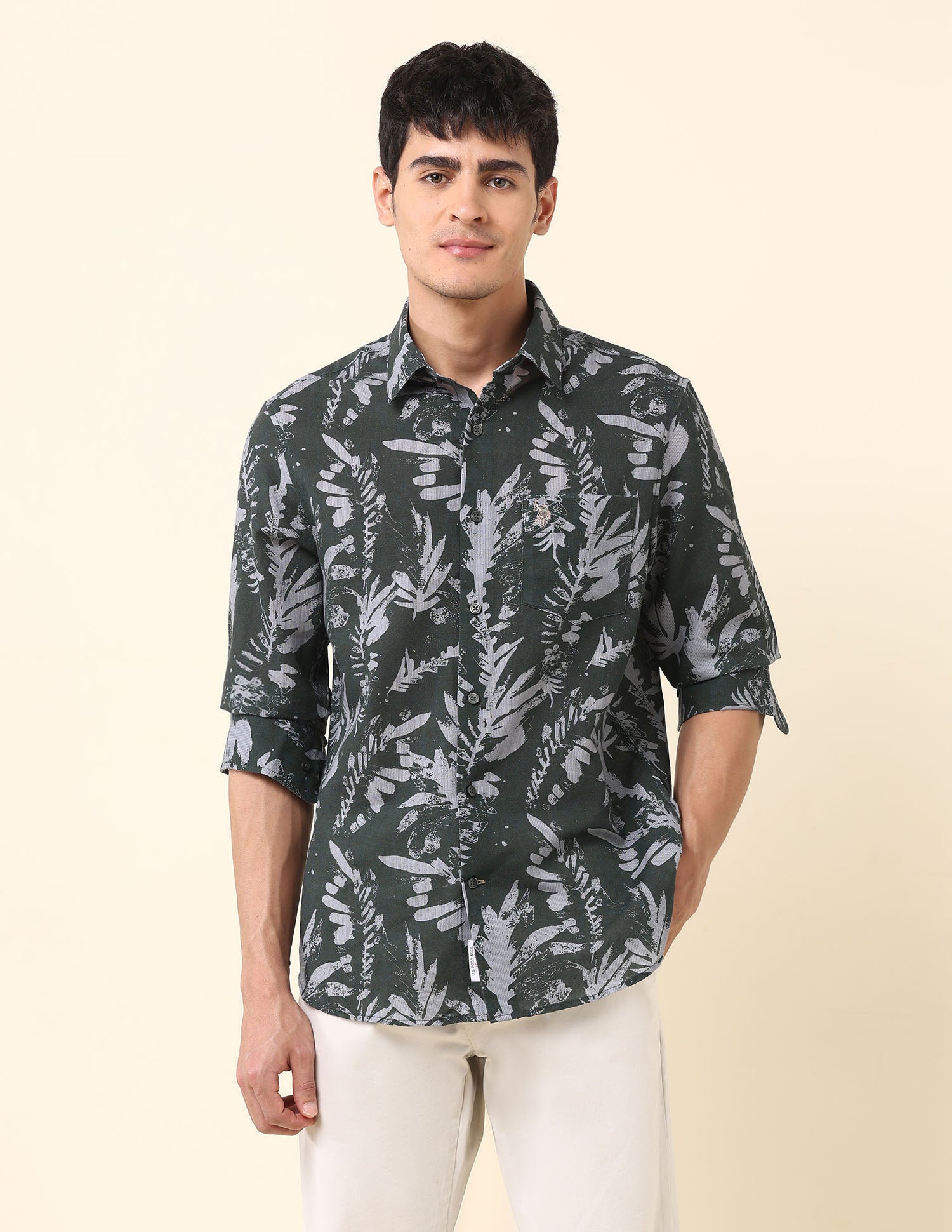 Tailored Fit Tropical Printed Shirt Dark Green - U.S. Polo Assn. India | Large