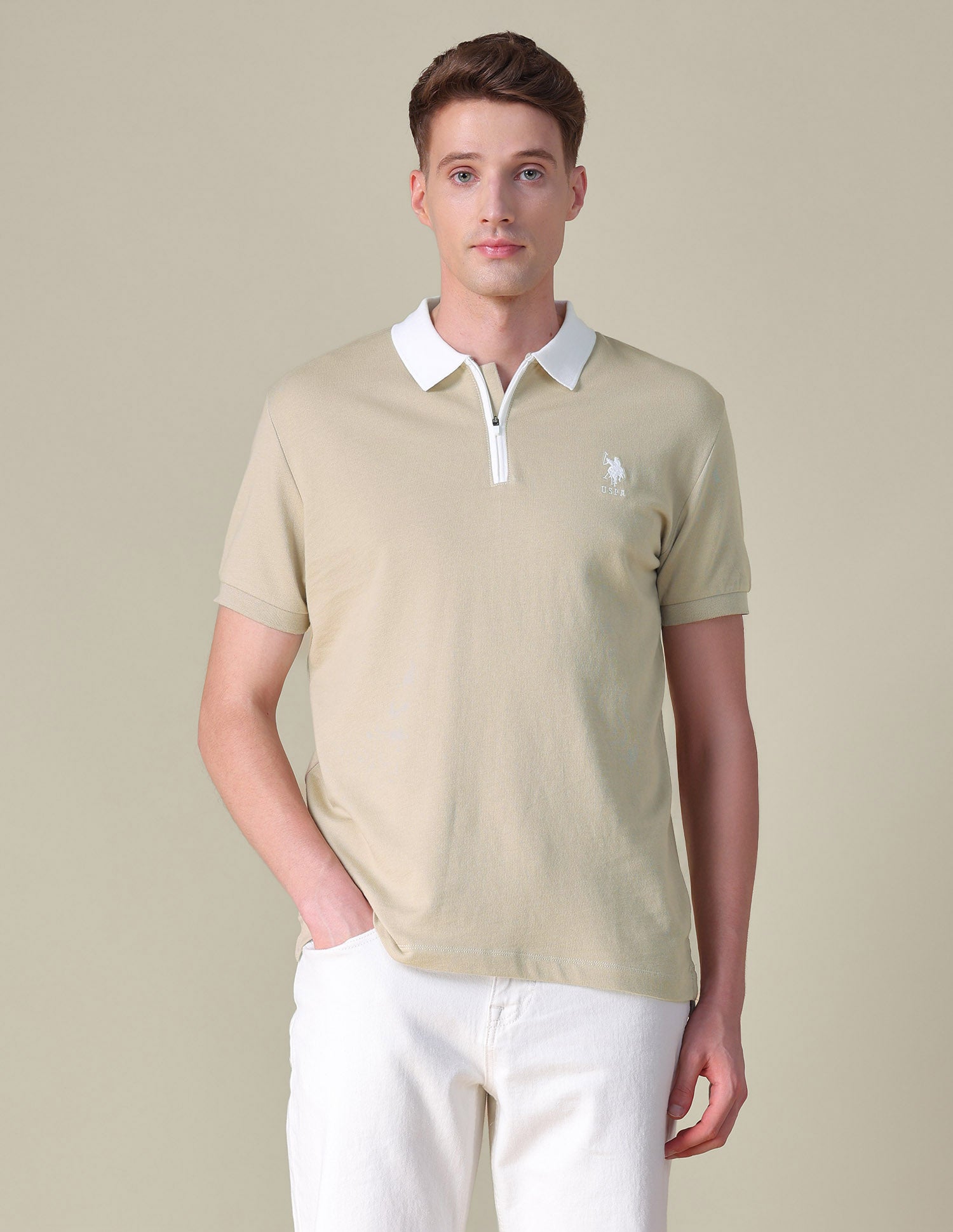 Solid Slim Fit Polo Shirt Beige - U.S. POLO ASSN. | Large