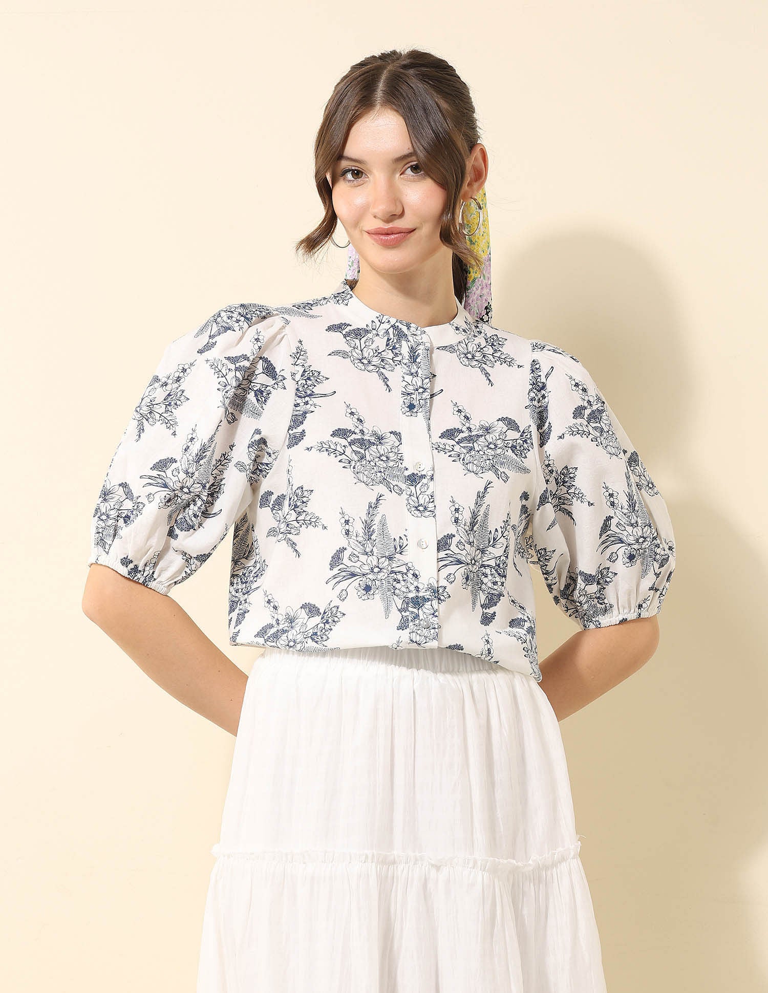Floral Printed Chiffon Shirt Off White - U.S. Polo Assn. India | Large