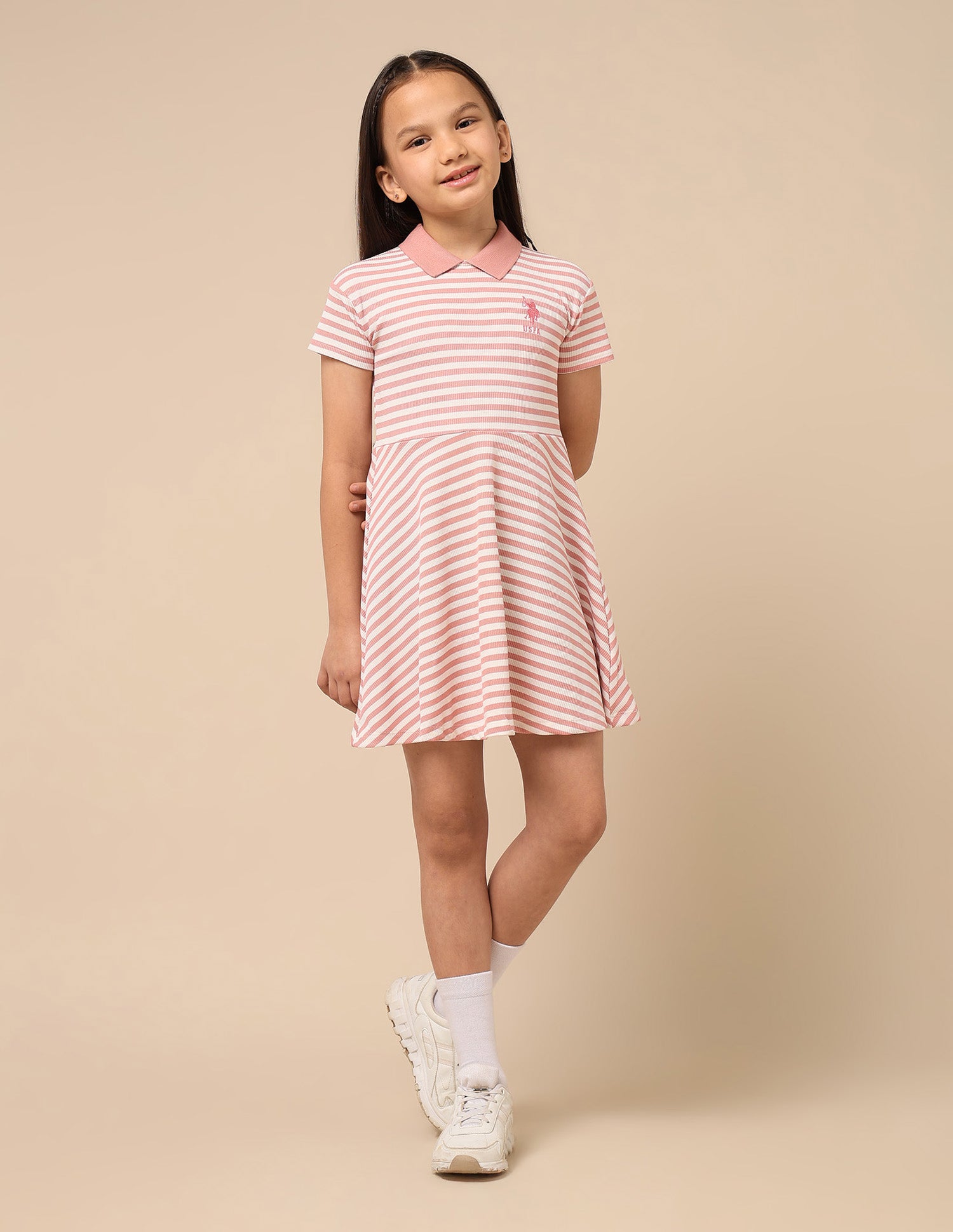 Girls Horizontal Striped Fit And Flare Dress Pink - U.S. POLO ASSN. | Large