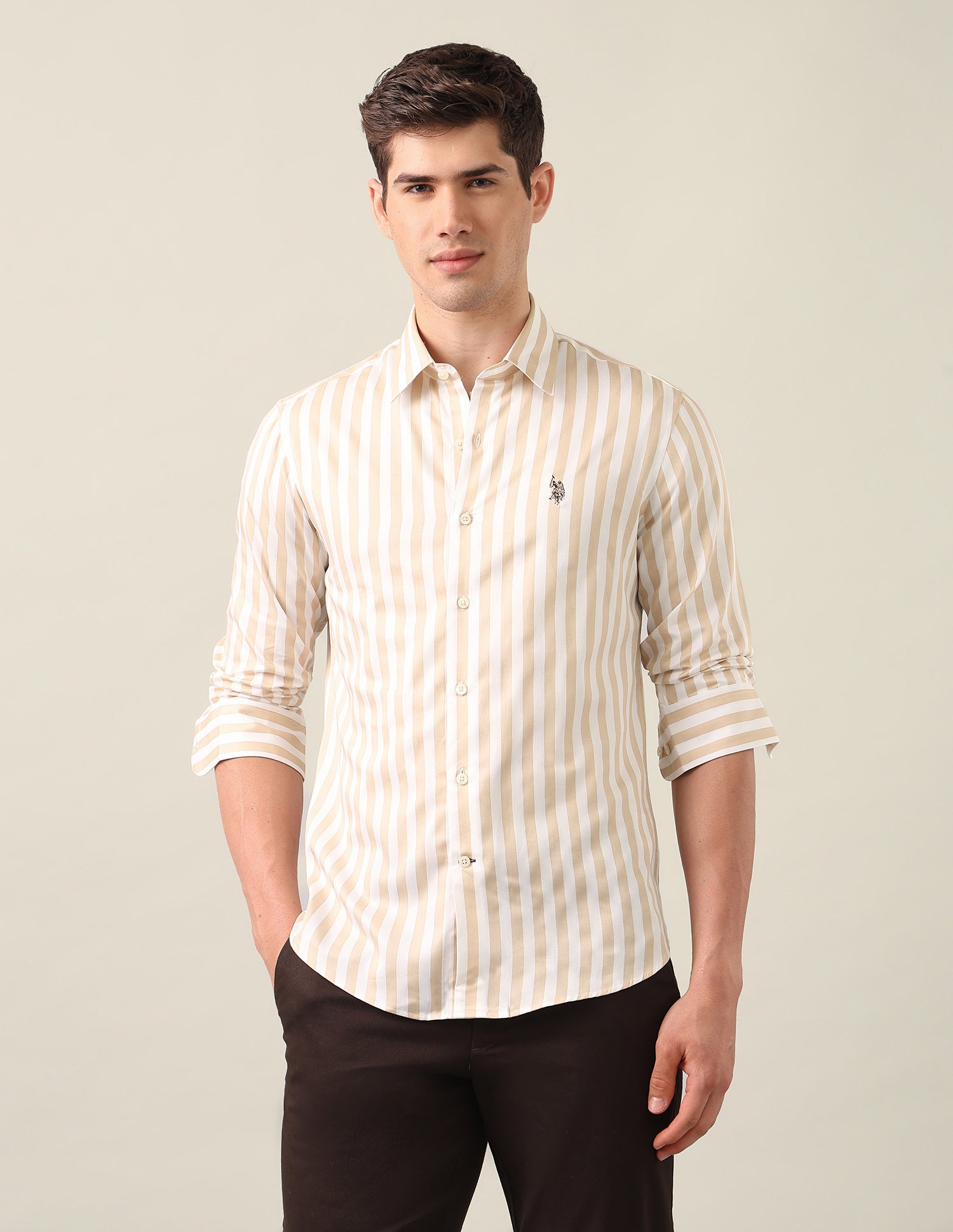 Vertical Striped Satin Shirt Beige - U.S. Polo Assn. India | Large