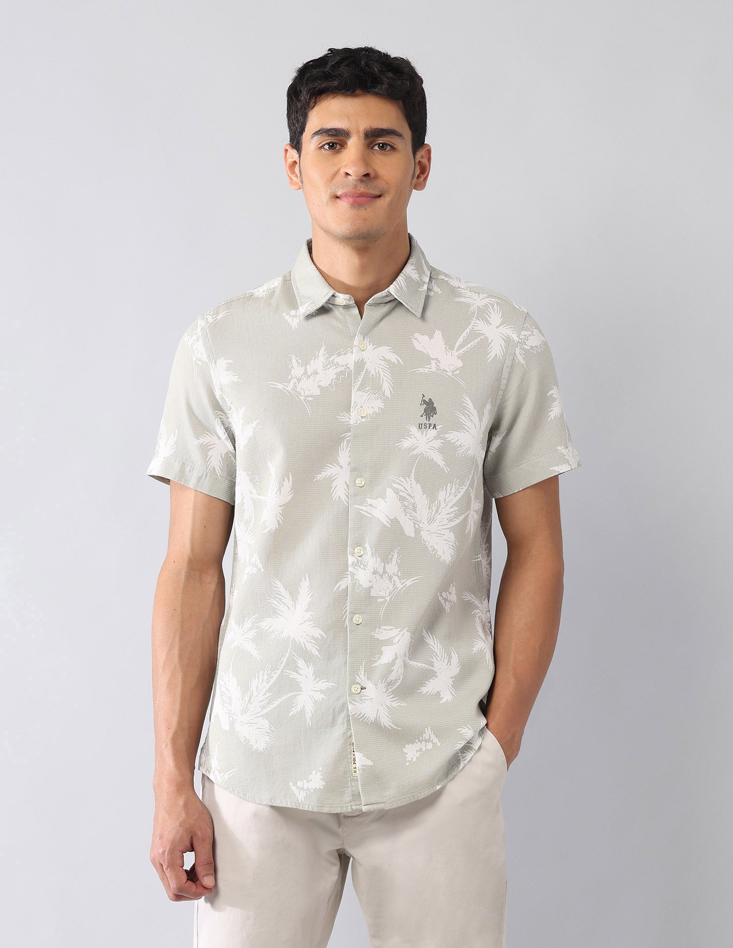 Tropical Printed Dobby Regular Fit Shirt Light Green - U.S. Polo Assn. India | Large