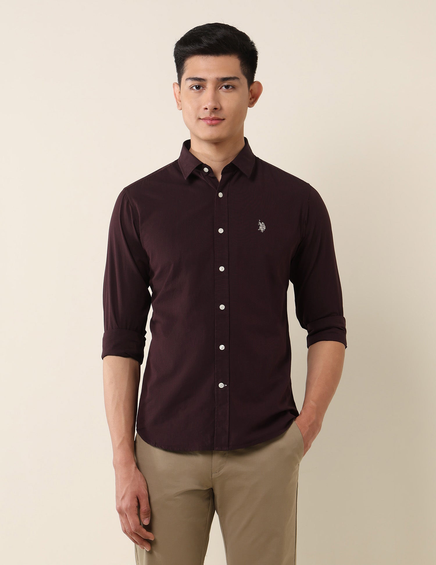 Tailored Fit Pure Cotton Shirt Maroon - U.S. Polo Assn. India | Large