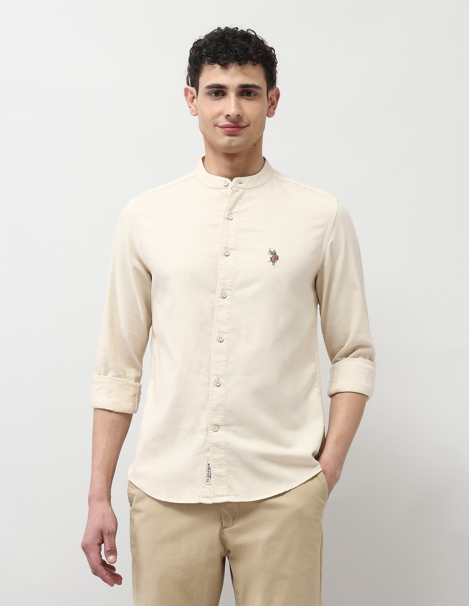 Twill Pure Cotton Mandarin Shirt Ivory - U.S. POLO ASSN. | Large