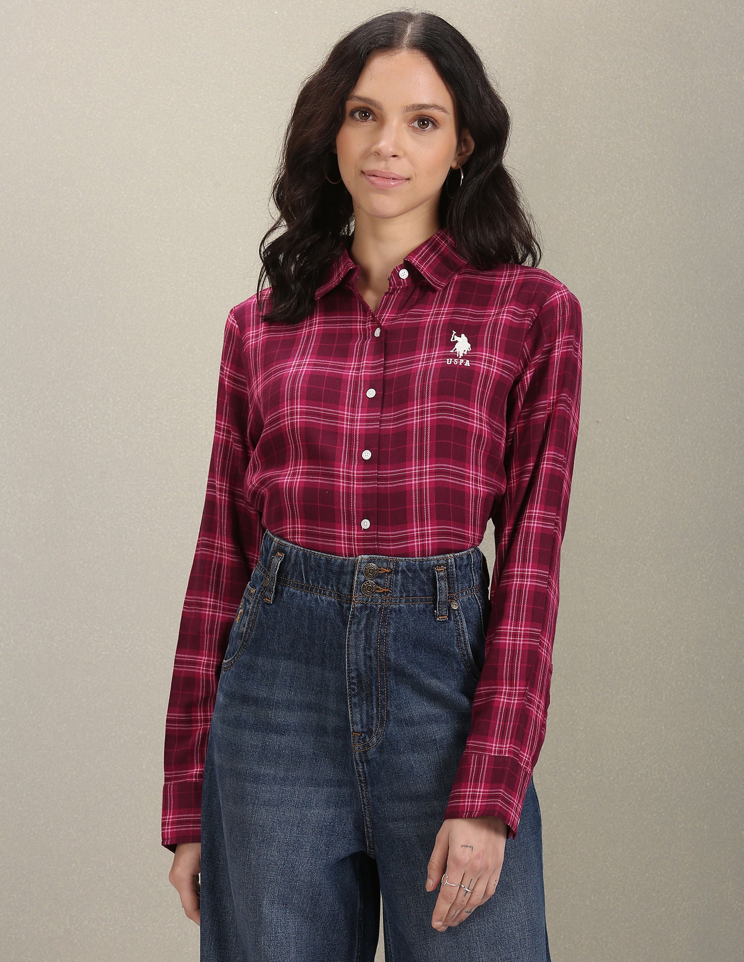 Spread Collar Tartan Check Shirt Magenta - U.S. POLO ASSN. | Large