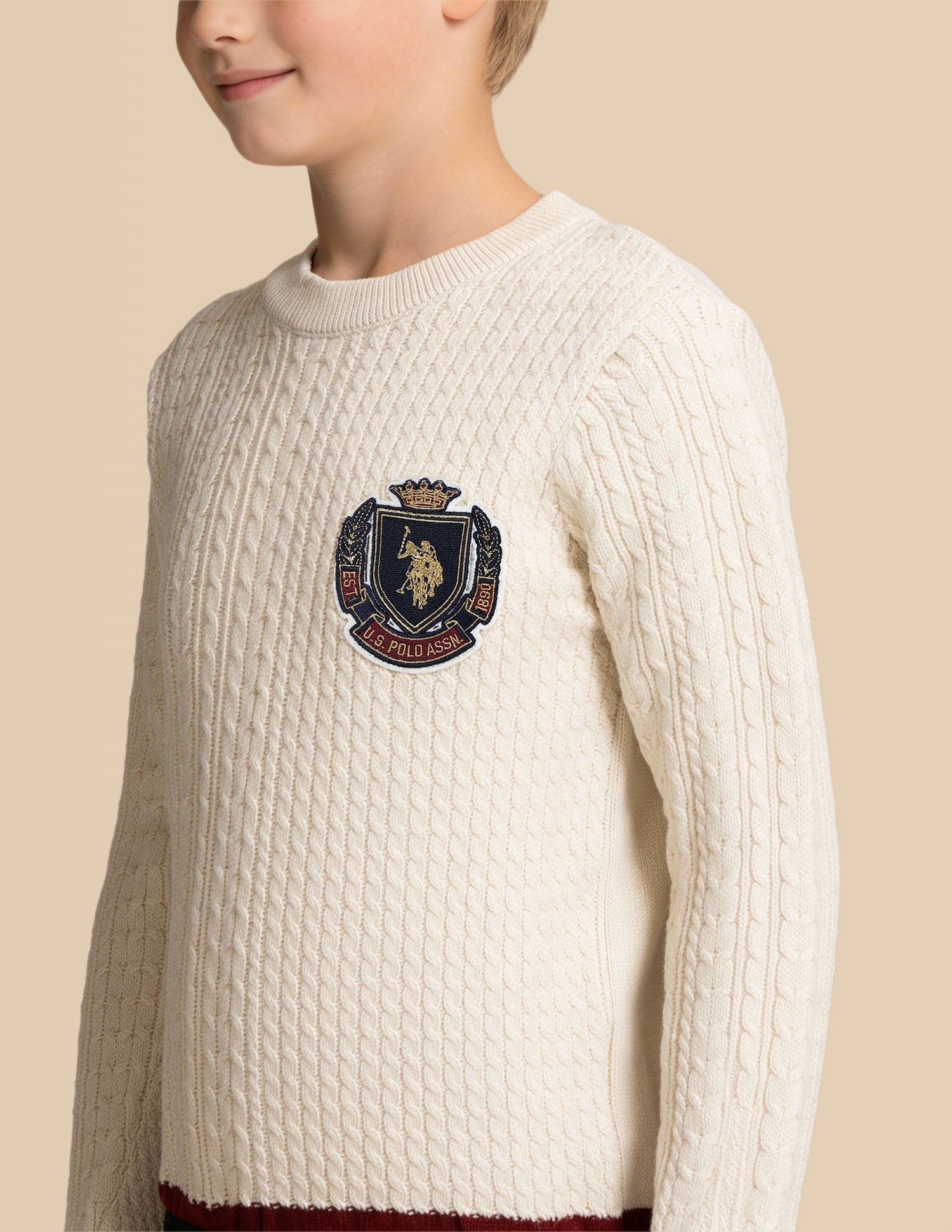 Boys Cable Knit Regular Fit Sweater Off White - U.S. Polo Assn. India | Large