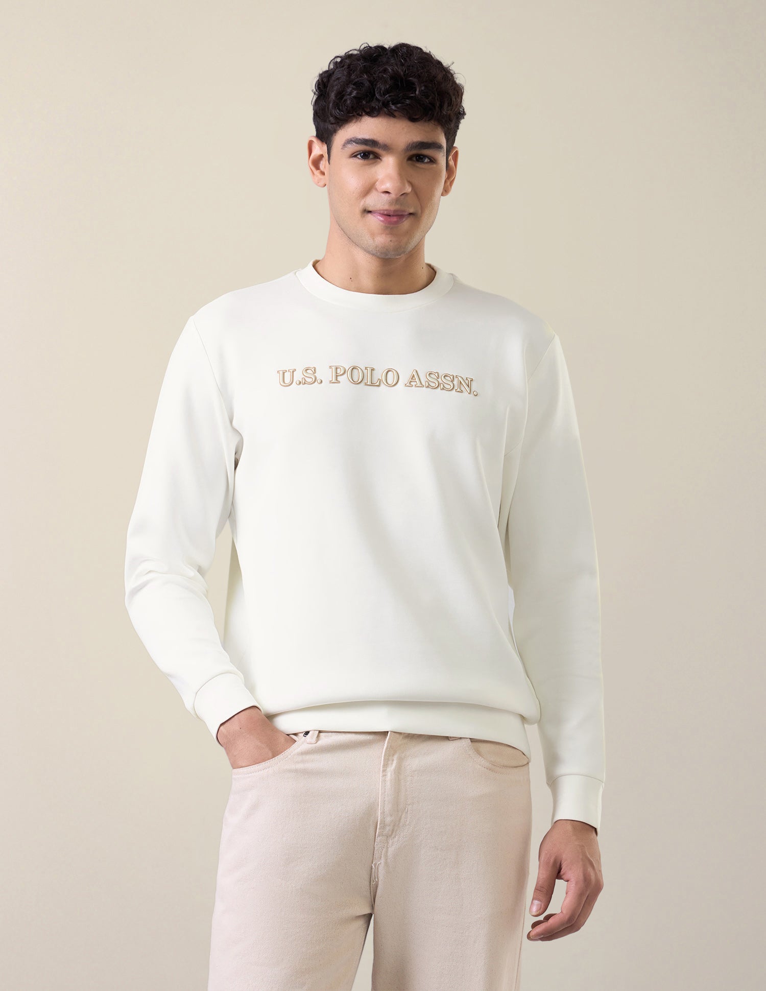 Brand Applique Slim Fit Sweatshirt Off White - U.S. Polo Assn. India | Large