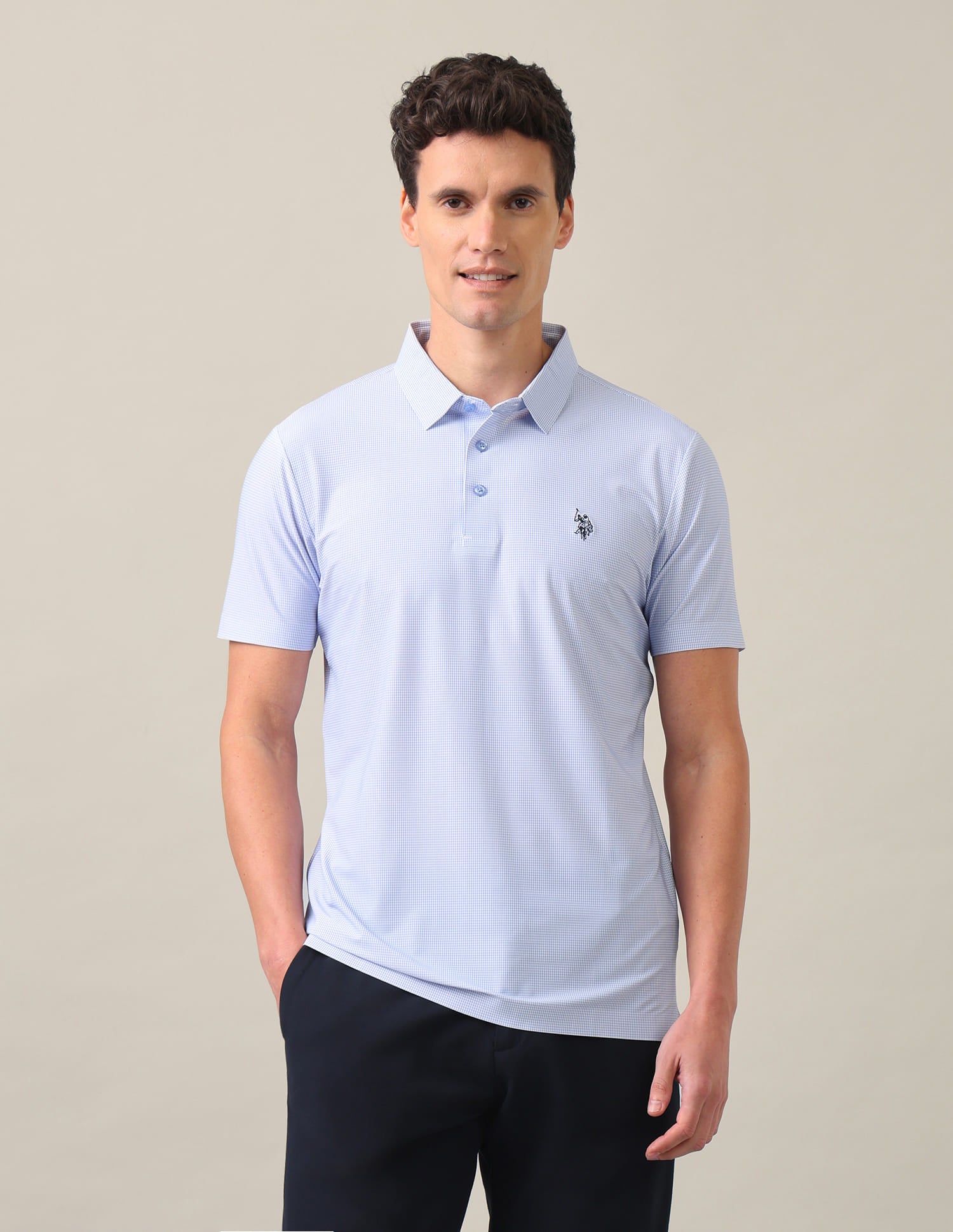 Houndstooth Checked Slim Fit Polo Shirt Light Blue - U.S. Polo Assn. India | Large
