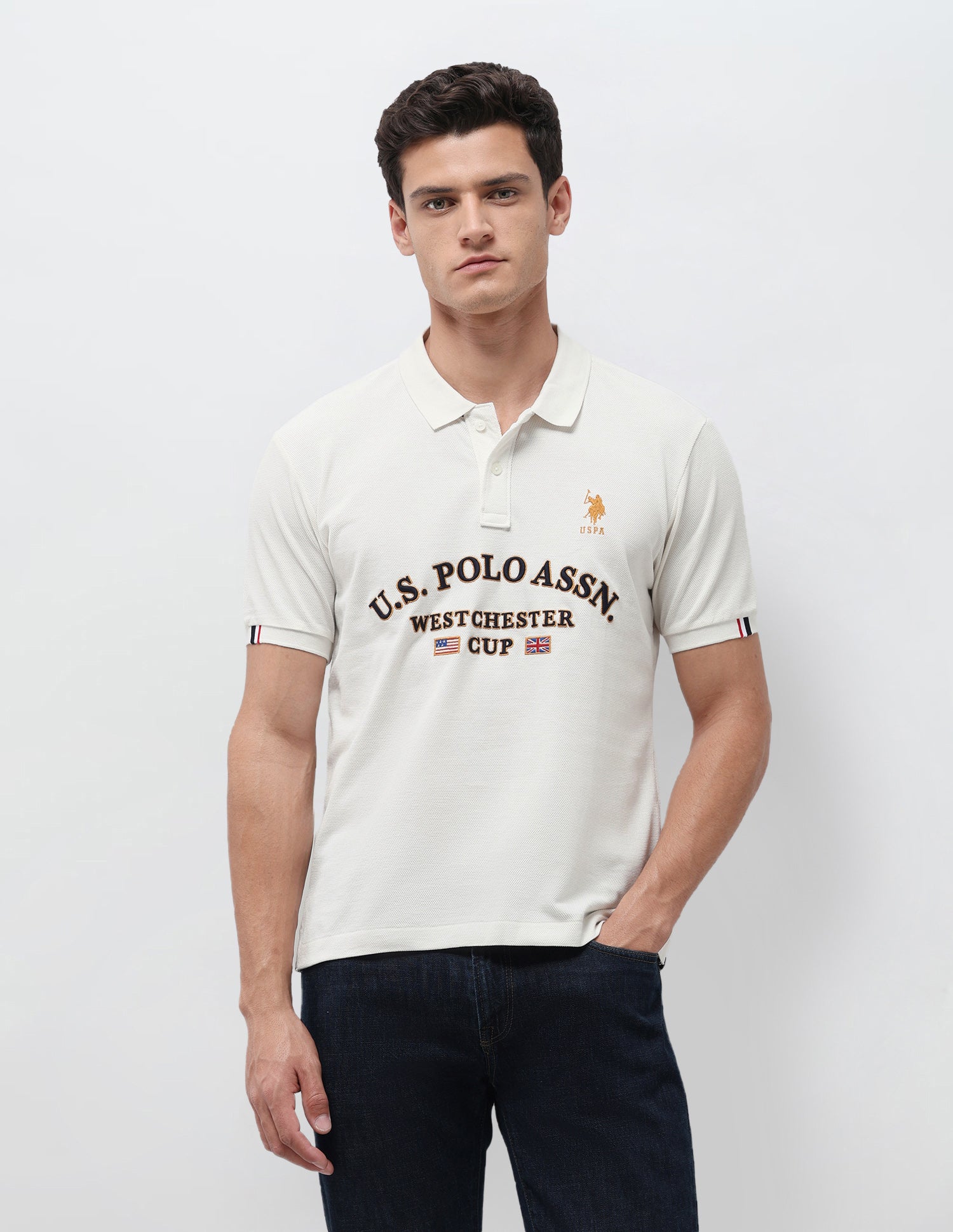 Brand Embroidered Slim Fit Polo Shirt Off White - U.S. Polo Assn. India | Large