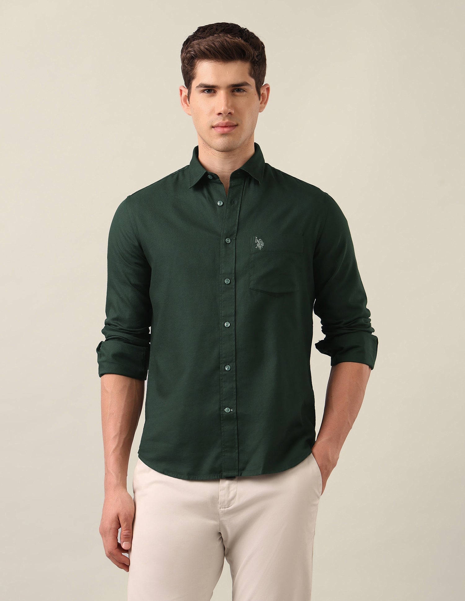 Tailored Fit Solid Shirt Dark Green - U.S. Polo Assn. India | Large