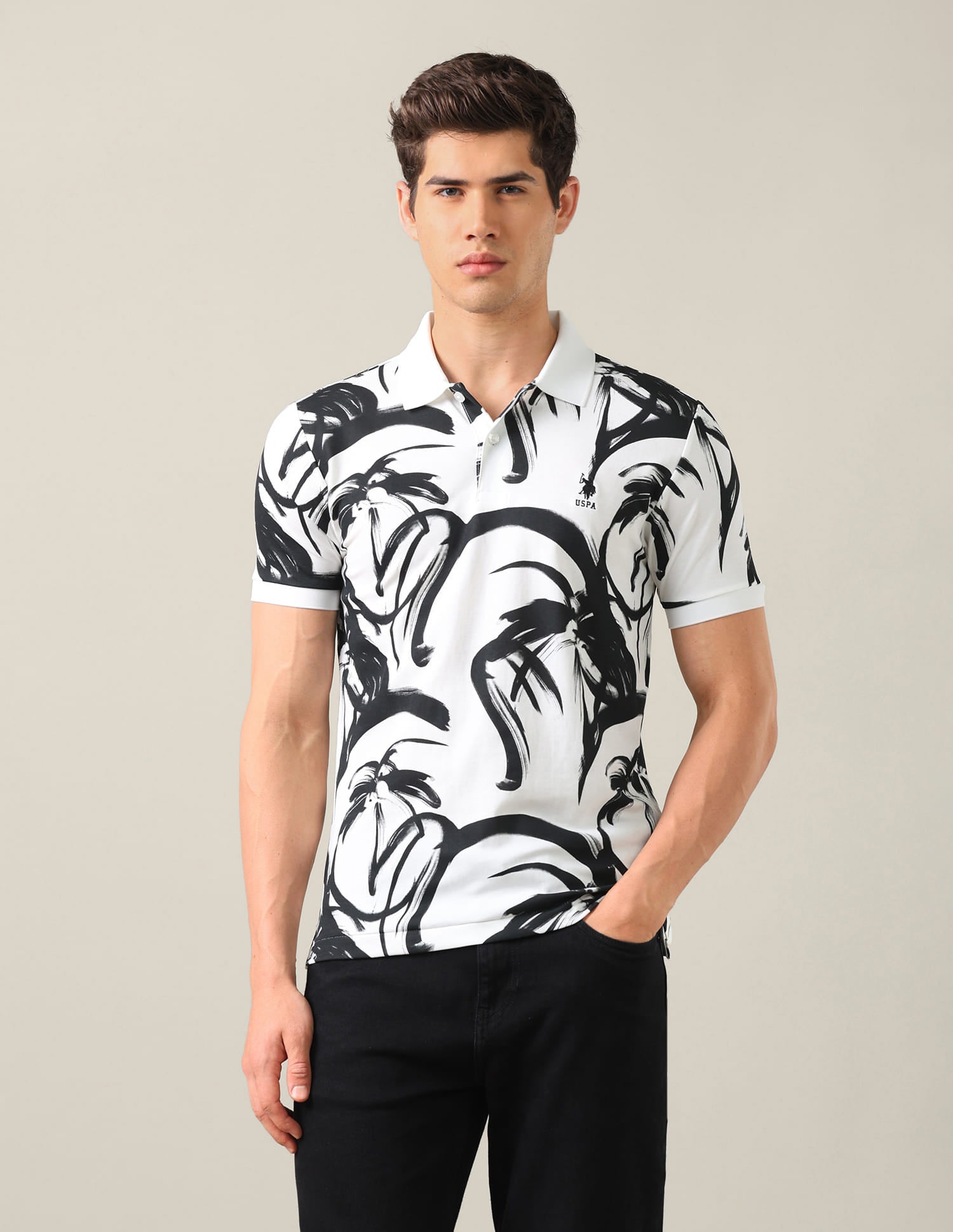 Abstract Printed Slim Fit Polo Shirt Black - U.S. Polo Assn. India | Large