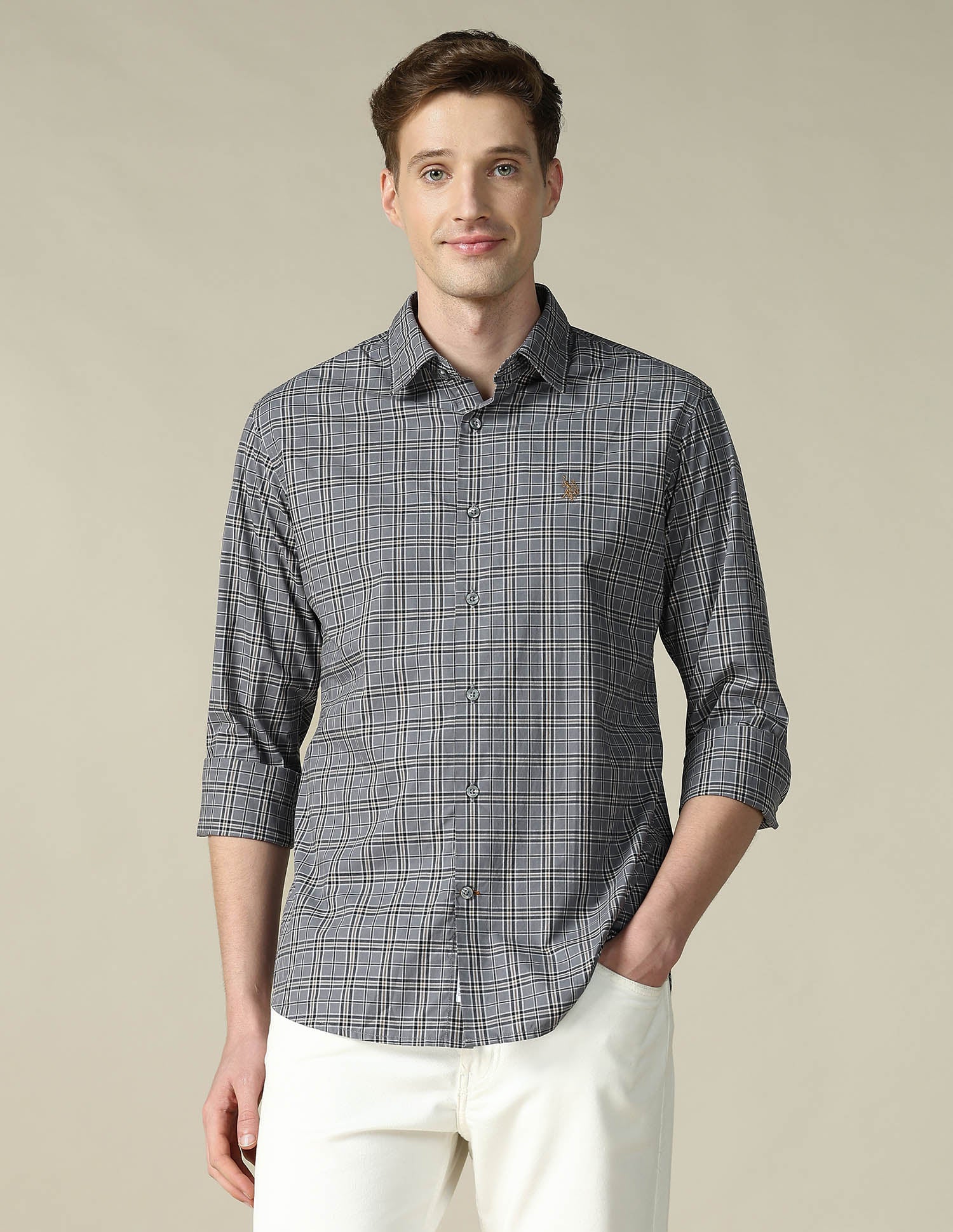 Grid Tattersall Checked Tailored Fit Shirt Dark Grey - U.S. POLO ASSN. | Large