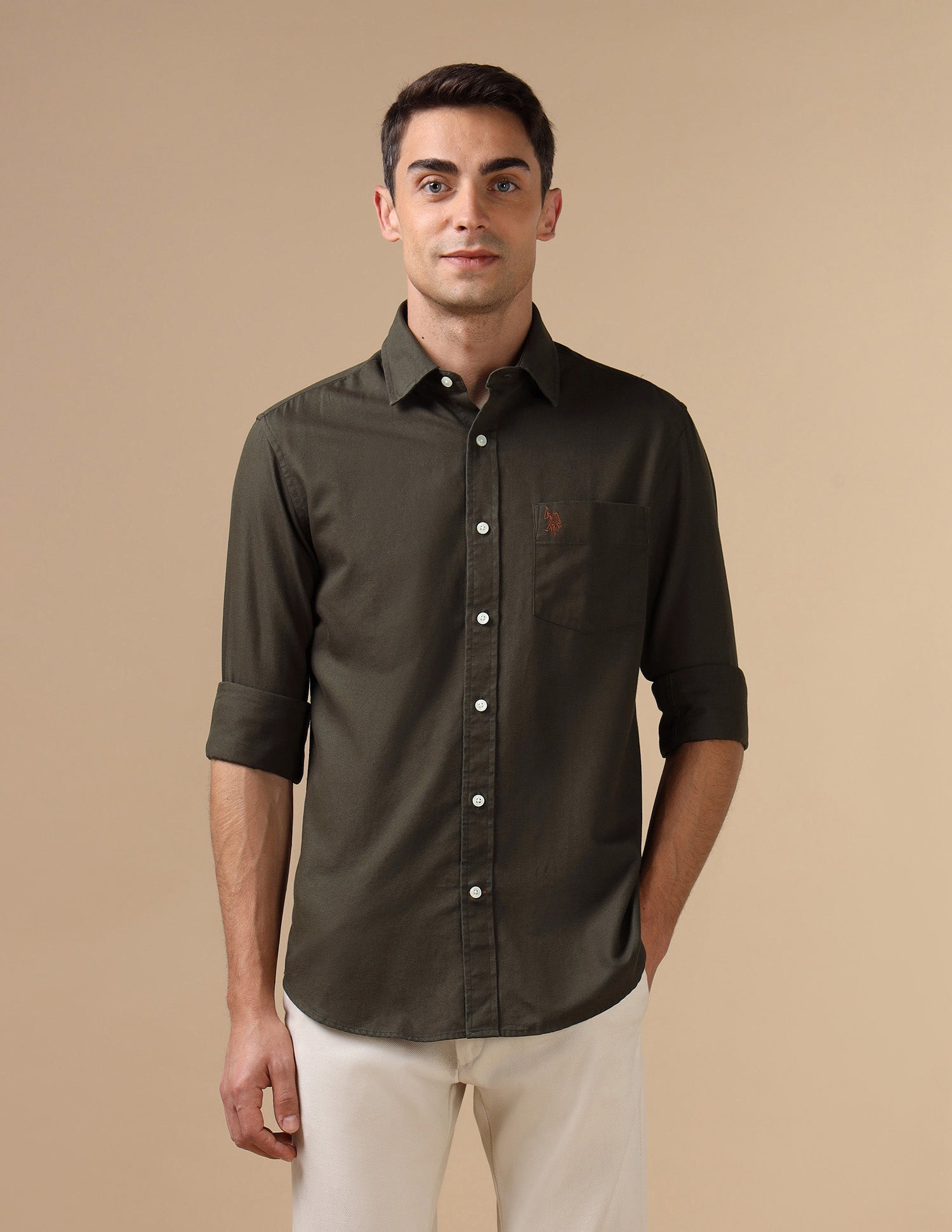 Tailored Fit Pure Cotton Shirt Light Olive - U.S. Polo Assn. India | Large