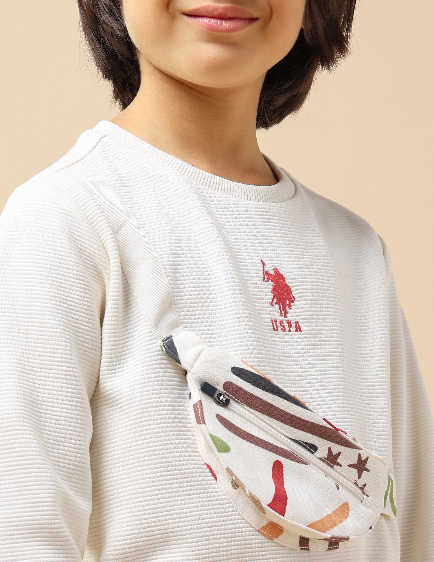 Boys Textured patterned Knit Regular Fit Sweatshirt Off White - U.S. POLO ASSN. | Large