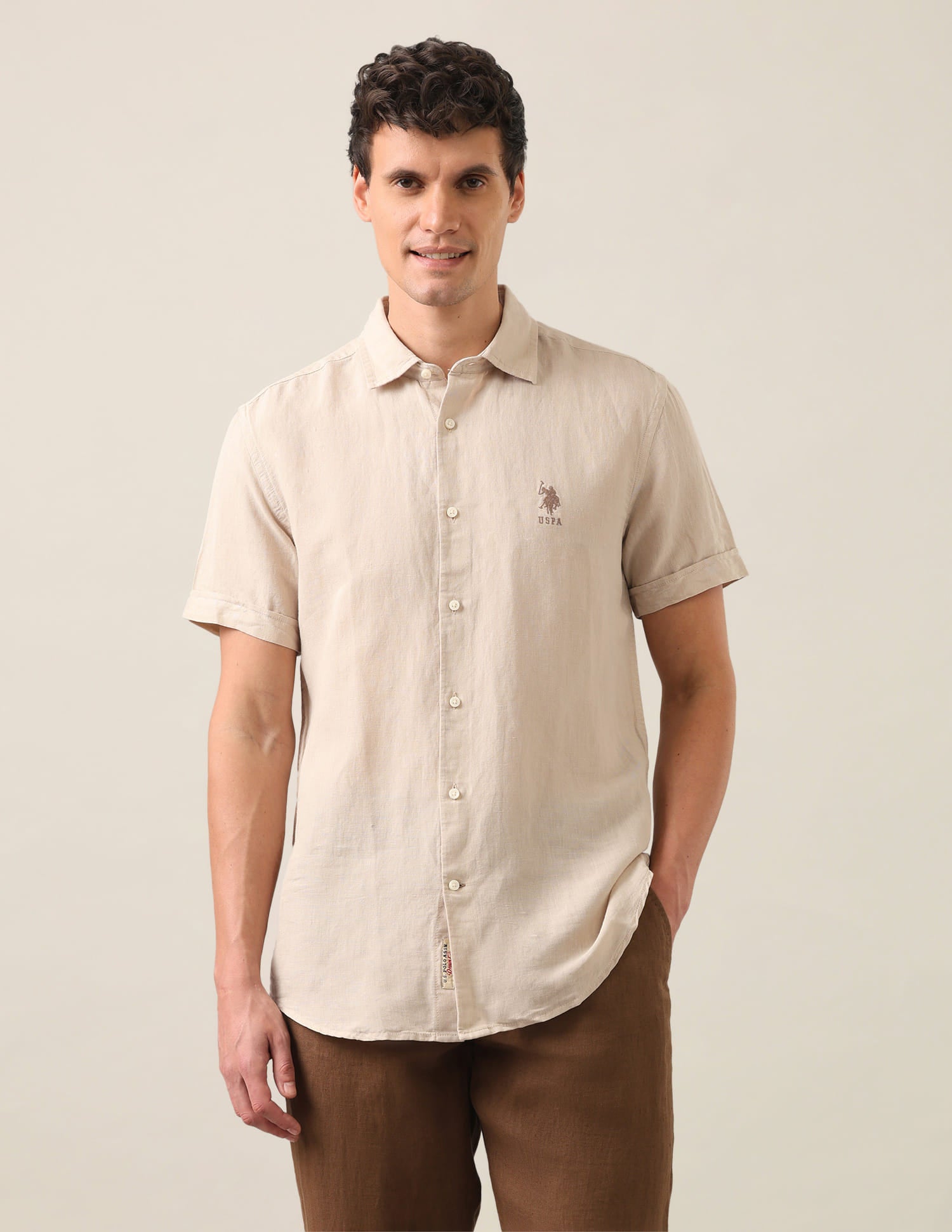 Solid Regular Fit Shirt Beige - U.S. Polo Assn. India | Large