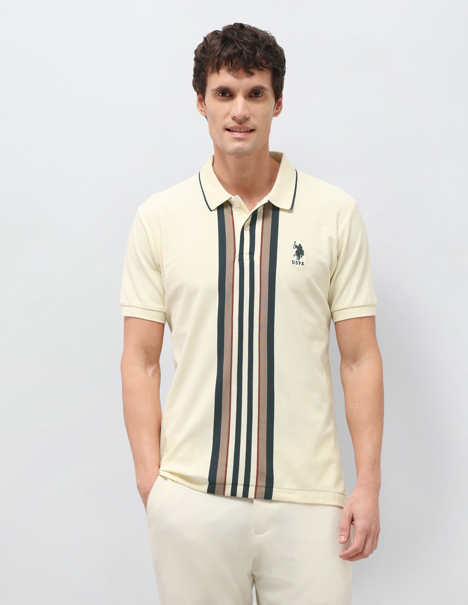 Vertical Striped Slim Fit Polo Shirt Off White - U.S. Polo Assn. India | Large
