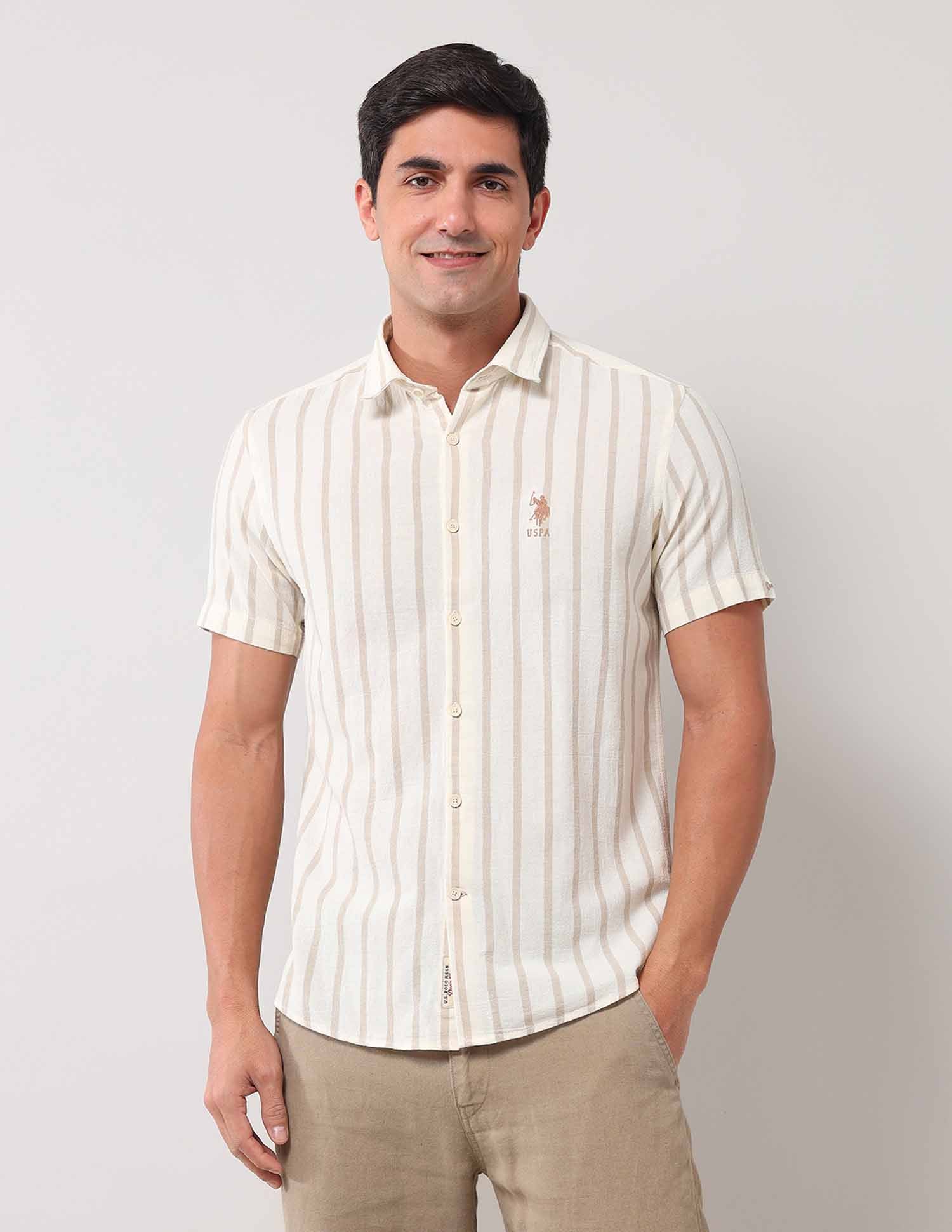 Regular Fit Vertical Striped Shirt Ecru - U.S. Polo Assn. India | Large