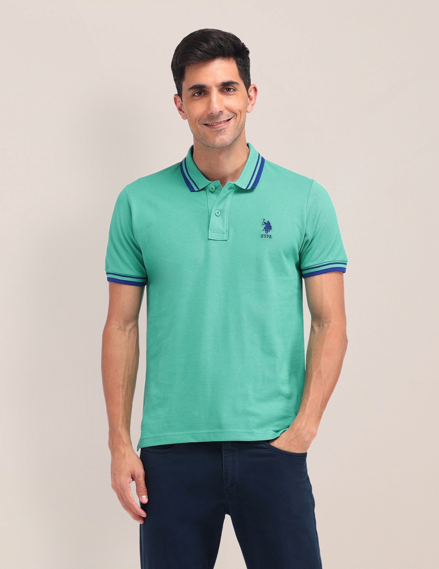 Solid Pattern Cotton Polo Shirt Green - U.S. Polo Assn. India | Large