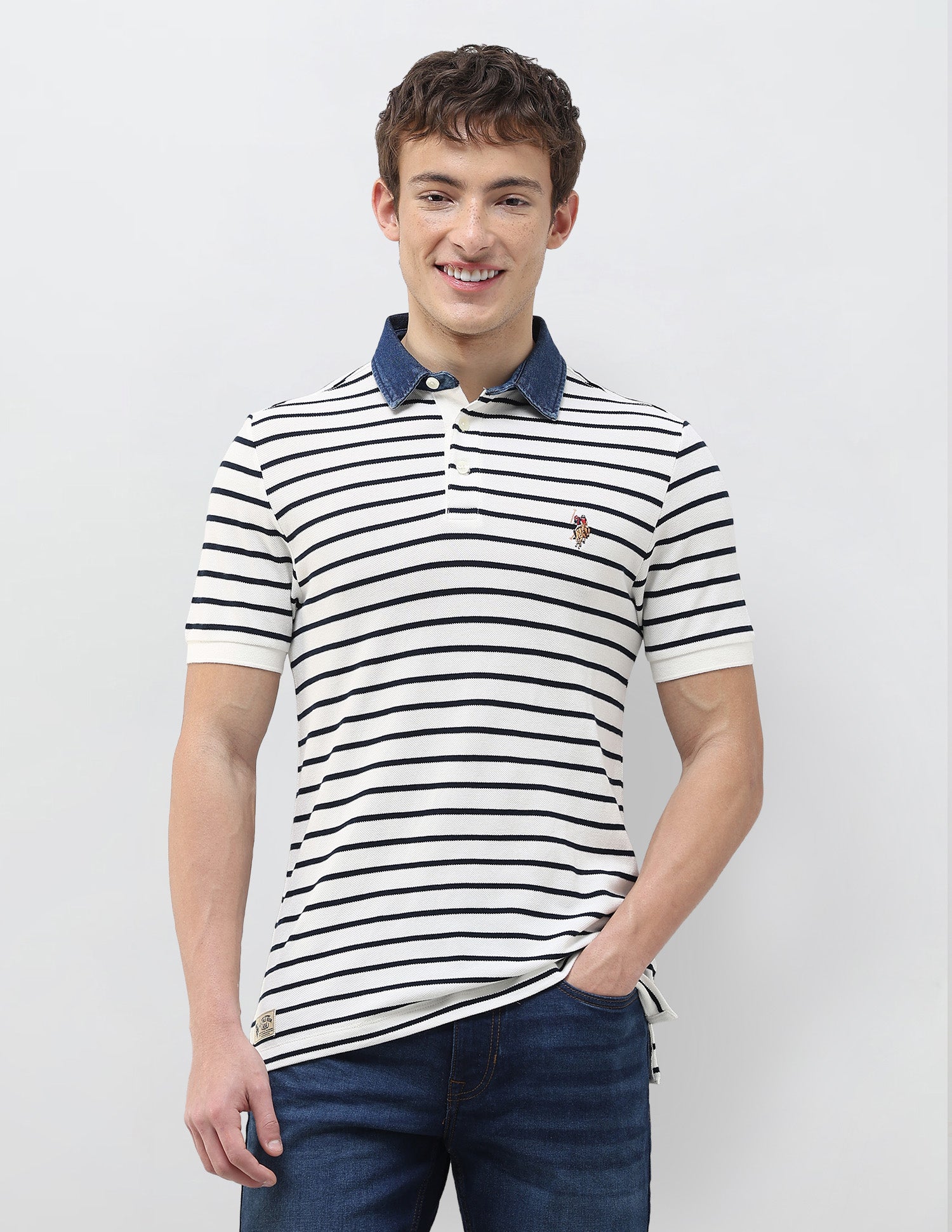 Horizontal Striped Muscle Fit Polo Shirt Ivory - U.S. Polo Assn. India | Large