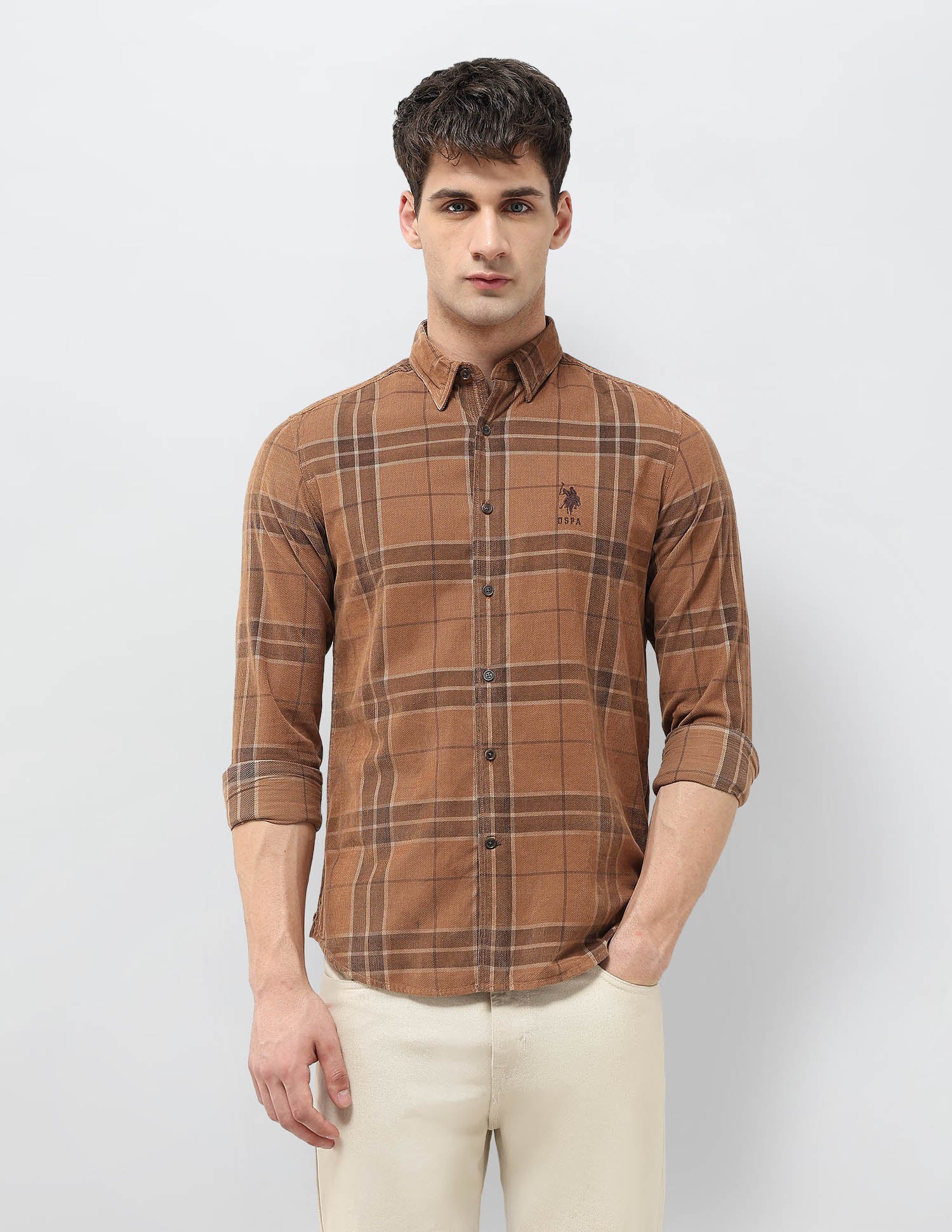 Tartan Checked Corduroy Shirt Light Brown - U.S. POLO ASSN. | Large