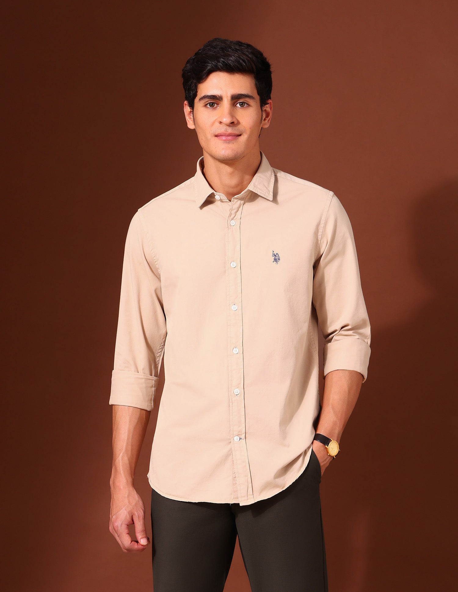 Pure Cotton Regular Fit Twill Shirt Beige - U.S. Polo Assn. India | Large