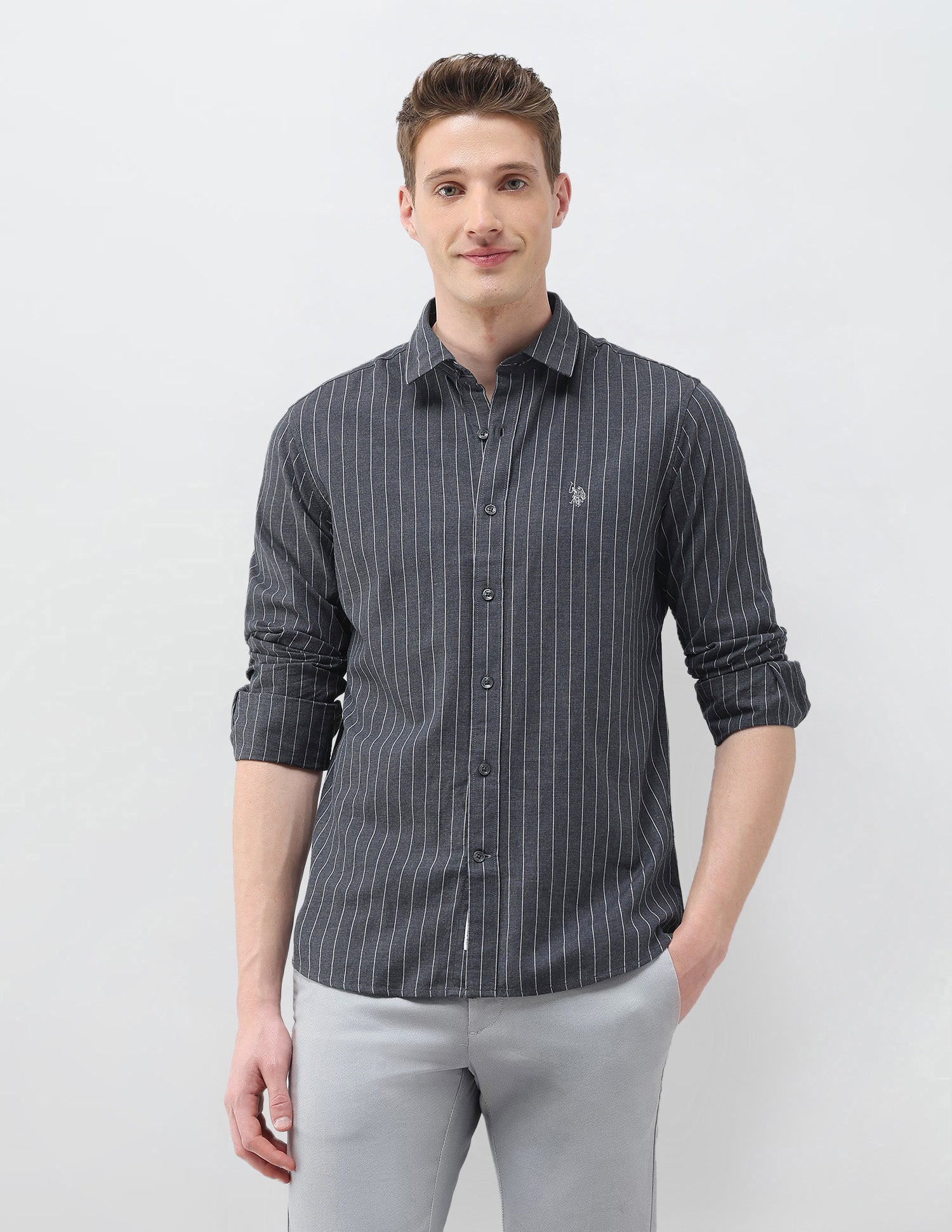 Twill Vertical Striped Shirt Dark Grey - U.S. Polo Assn. India | Large