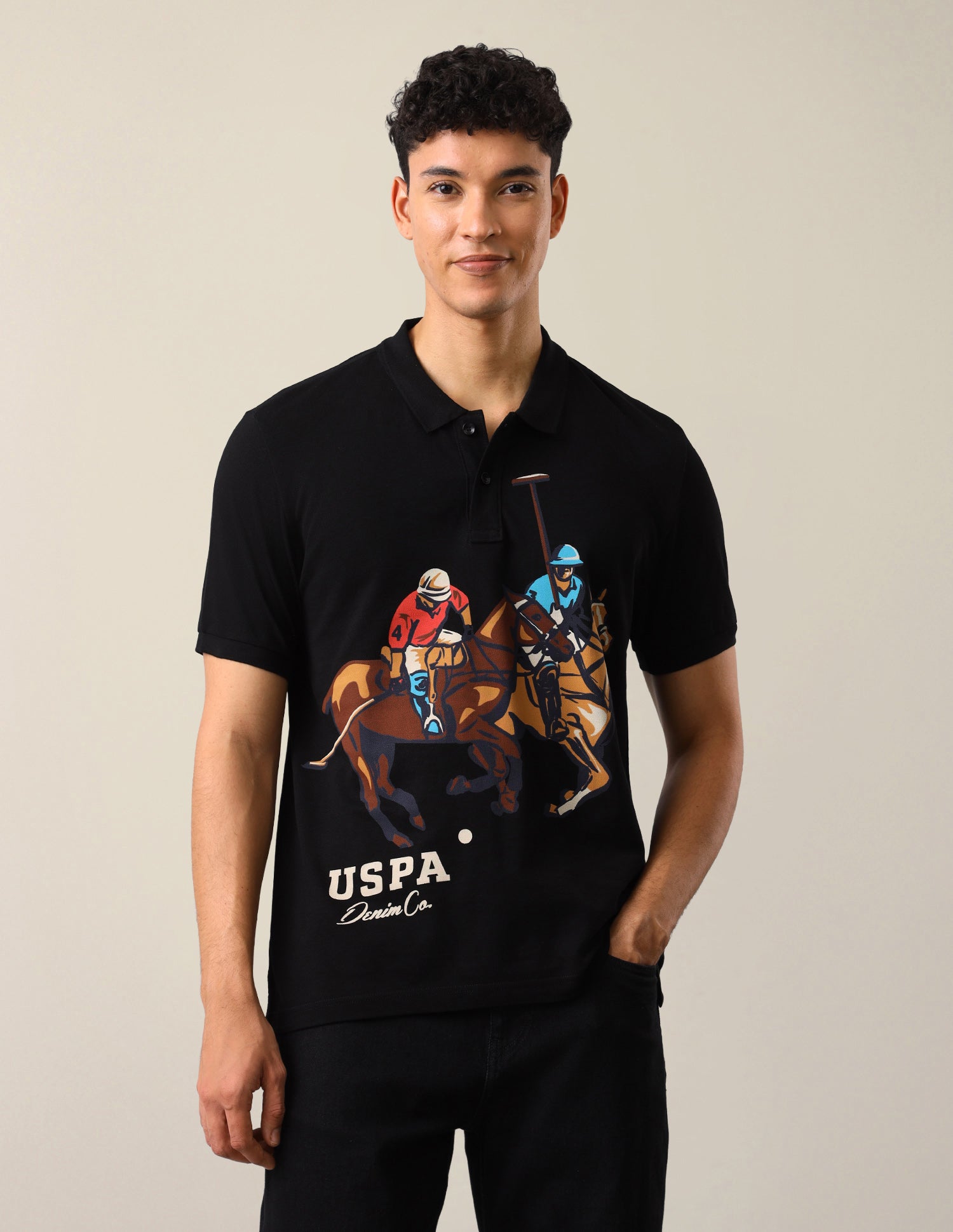 Graphic Brand Printed Slim Fit Polo Shirt Black - U.S. Polo Assn. India | Large