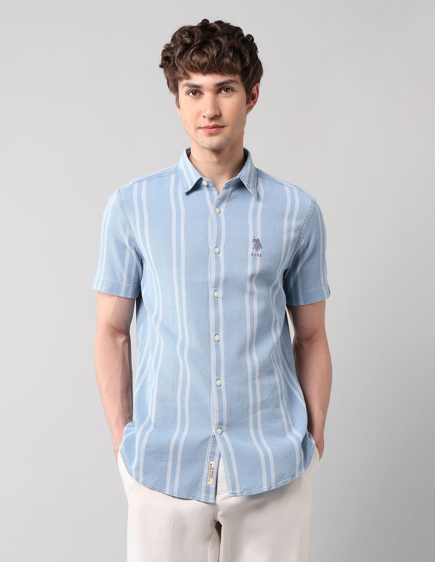 Vertical Striped Pure Cotton Shirt Light Indigo - U.S. Polo Assn. India | Large