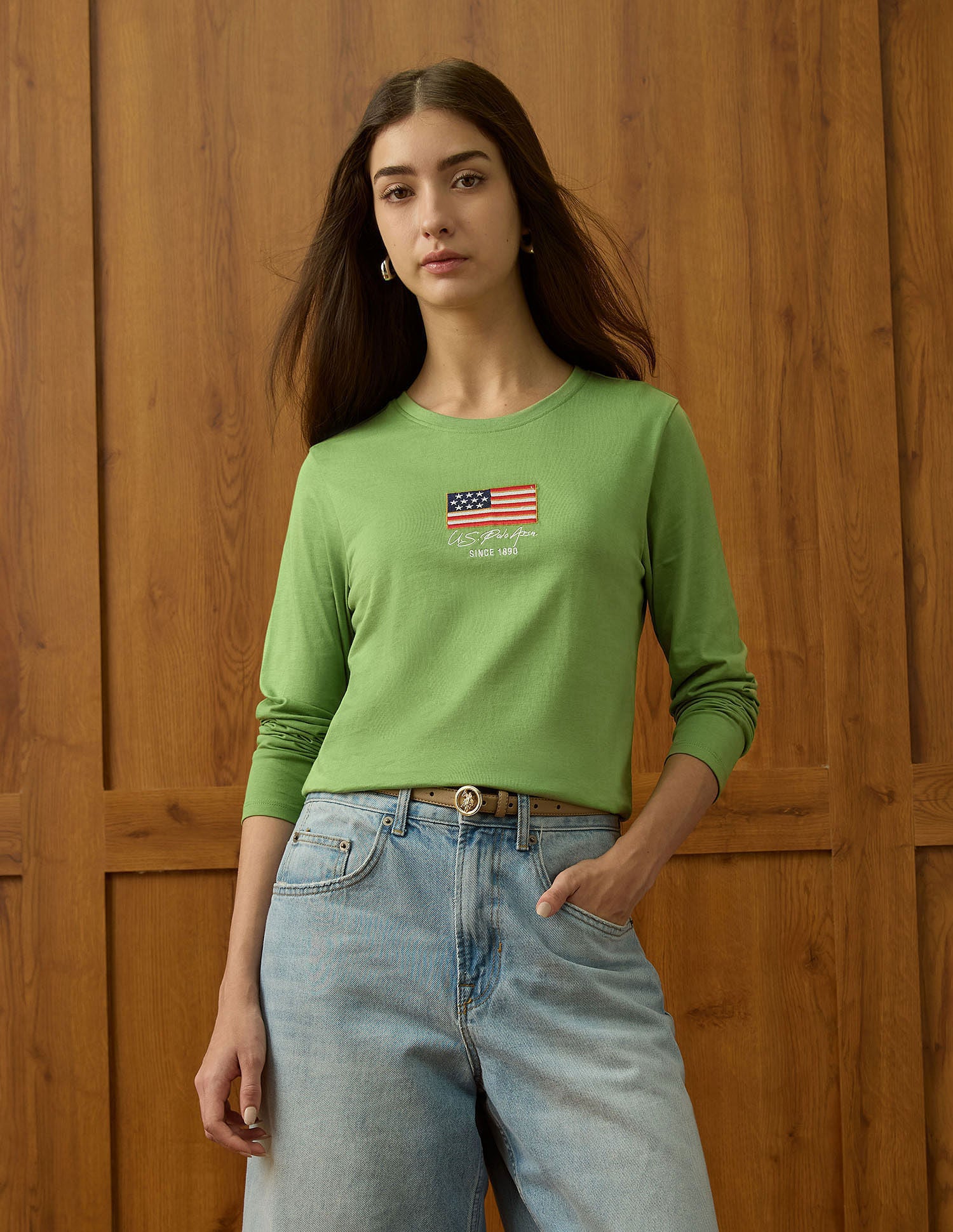 Crew Neck Full Sleeves Tshirt With Flag Embroidery Light Green - U.S. POLO ASSN. | Large