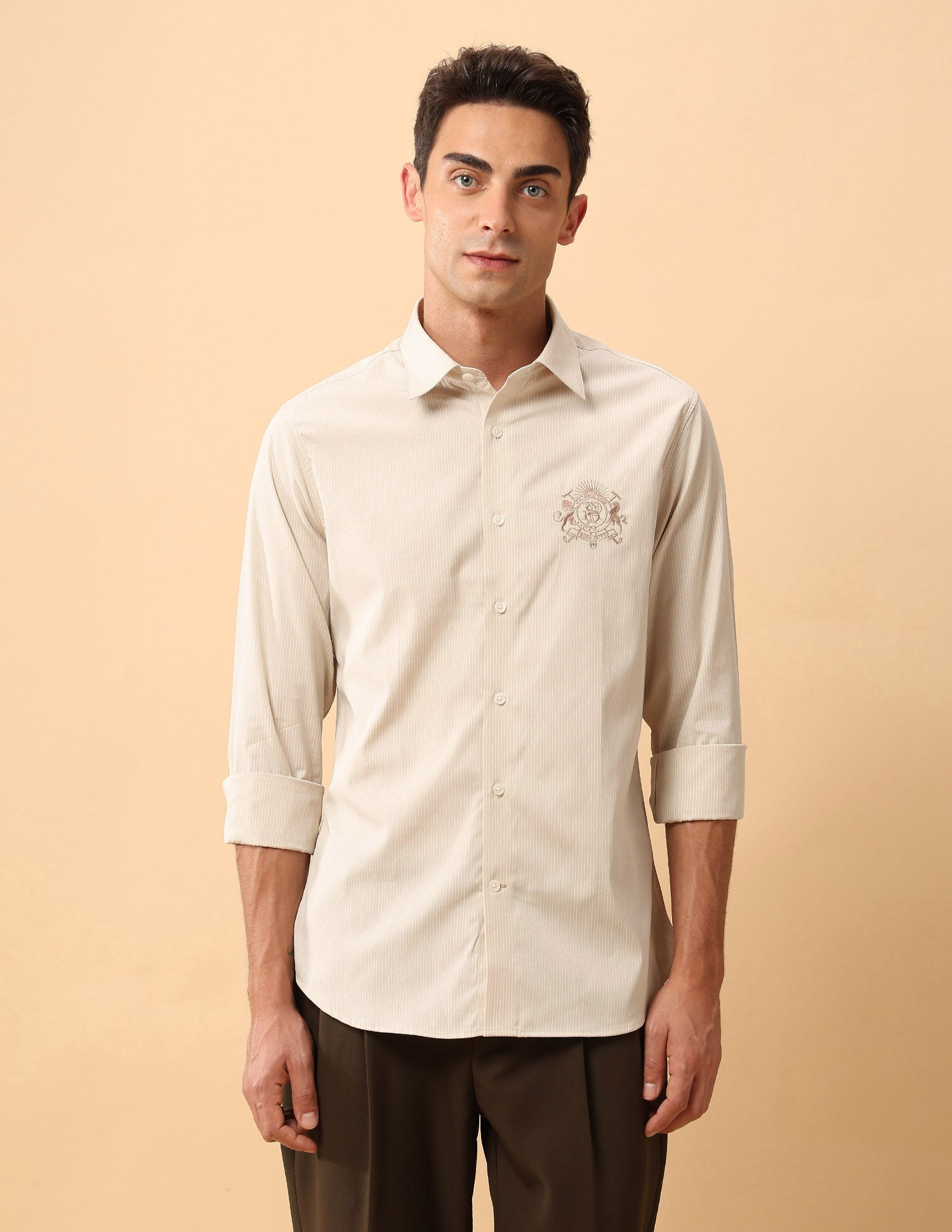 Pacho X Vertical Striped Pure Cotton Shirt Khaki - U.S. Polo Assn. India | Large