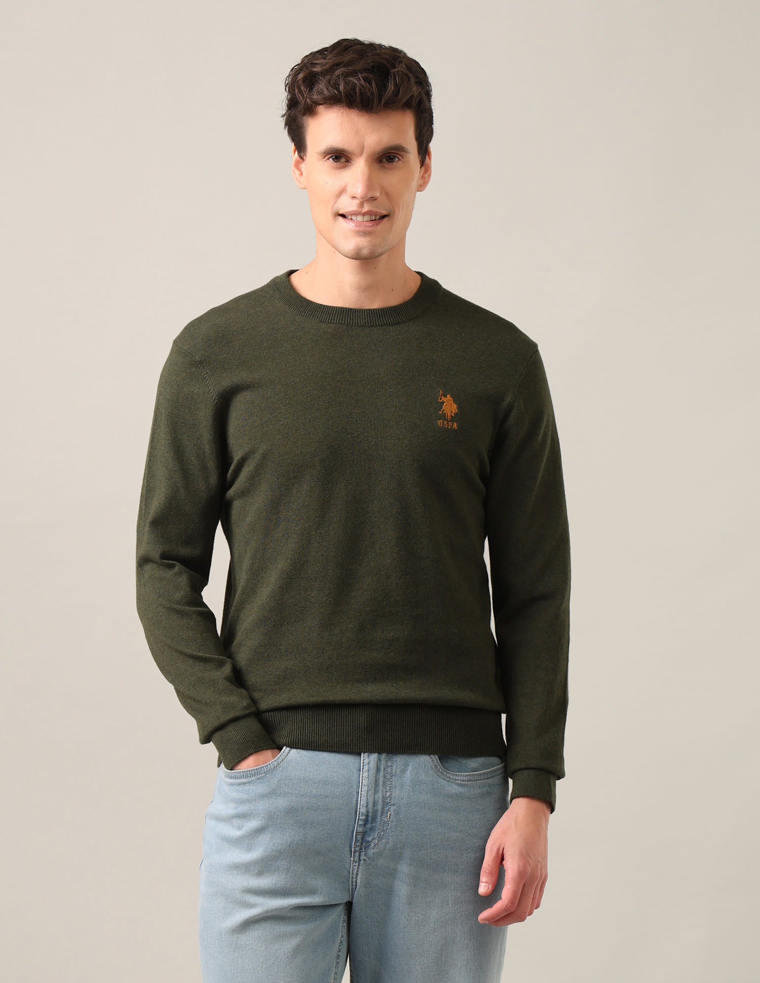 Crew Neck Heathered Sweater Olive - U.S. Polo Assn. India | Large