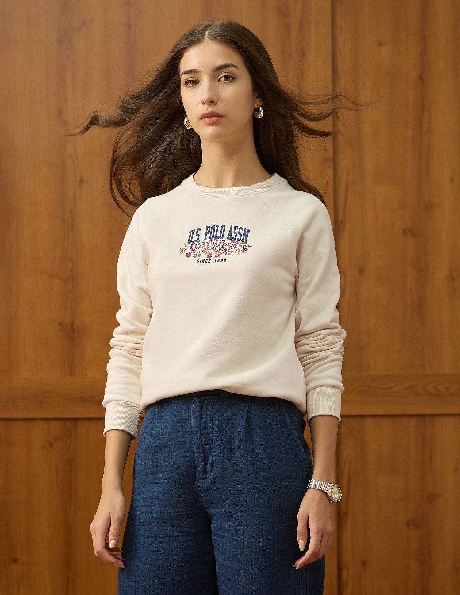 Raglan Fit Brand Printed Sweatshirt Ecru - U.S. Polo Assn. India | Large