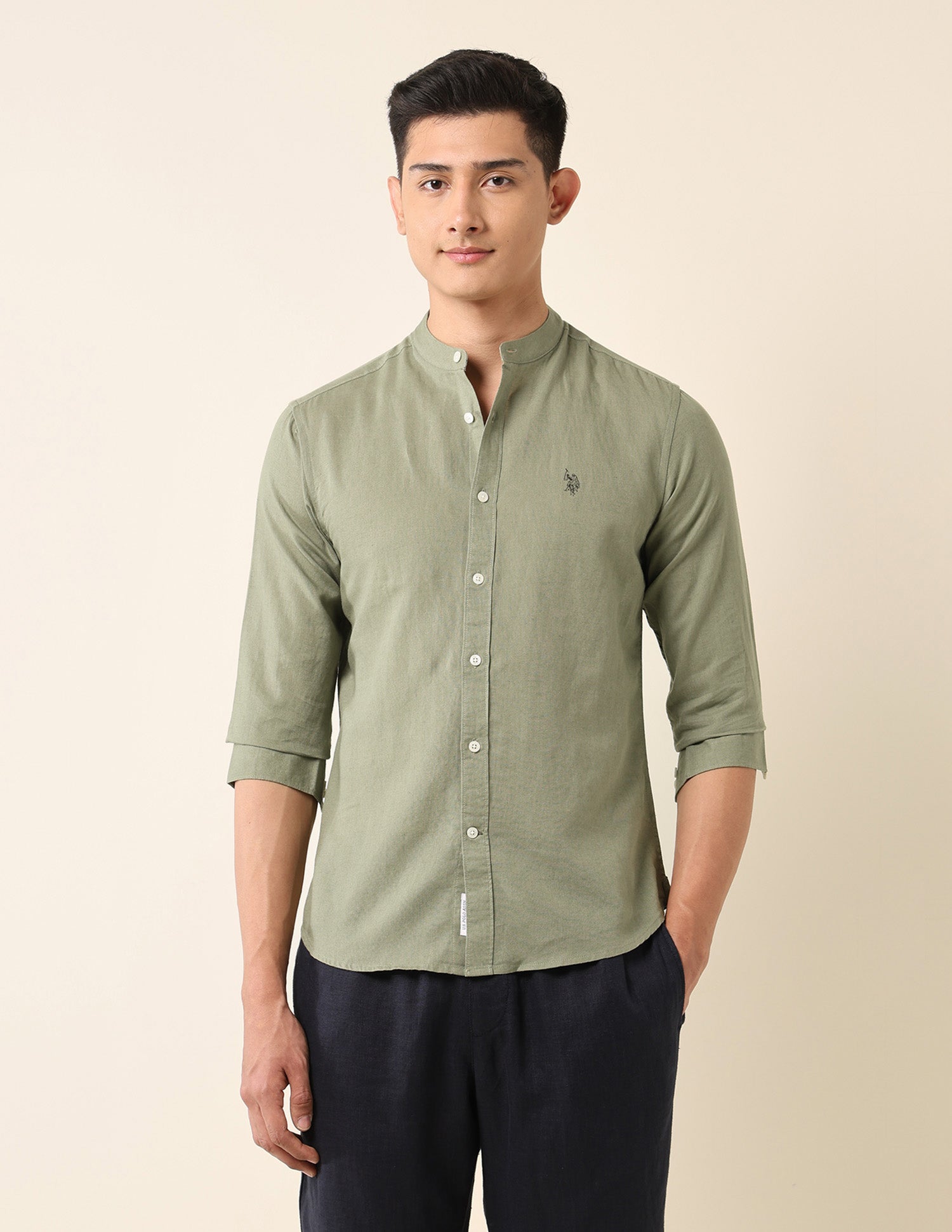 Tailored Fit Mandarin Shirt Light Olive - U.S. Polo Assn. India | Large
