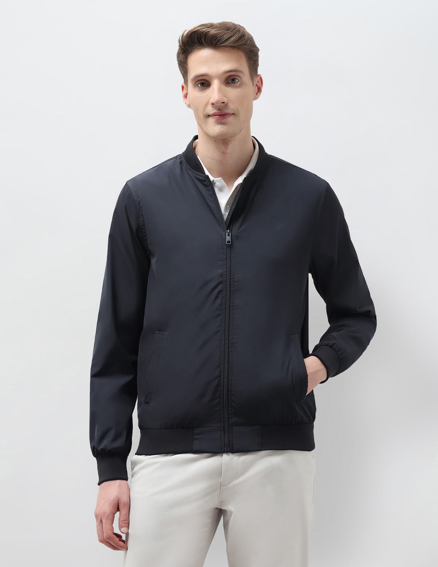 Solid Regular Fit Bomber Jacket Navy - U.S. Polo Assn. India | Large