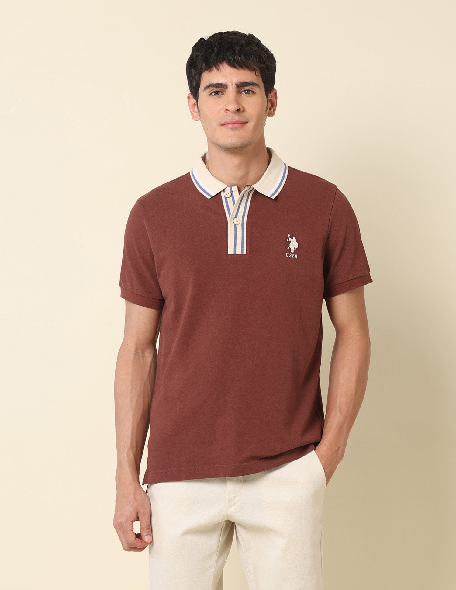Pure Cotton Slim Fit Classic Polo Shirt Light Brown - U.S. Polo Assn. India | Large