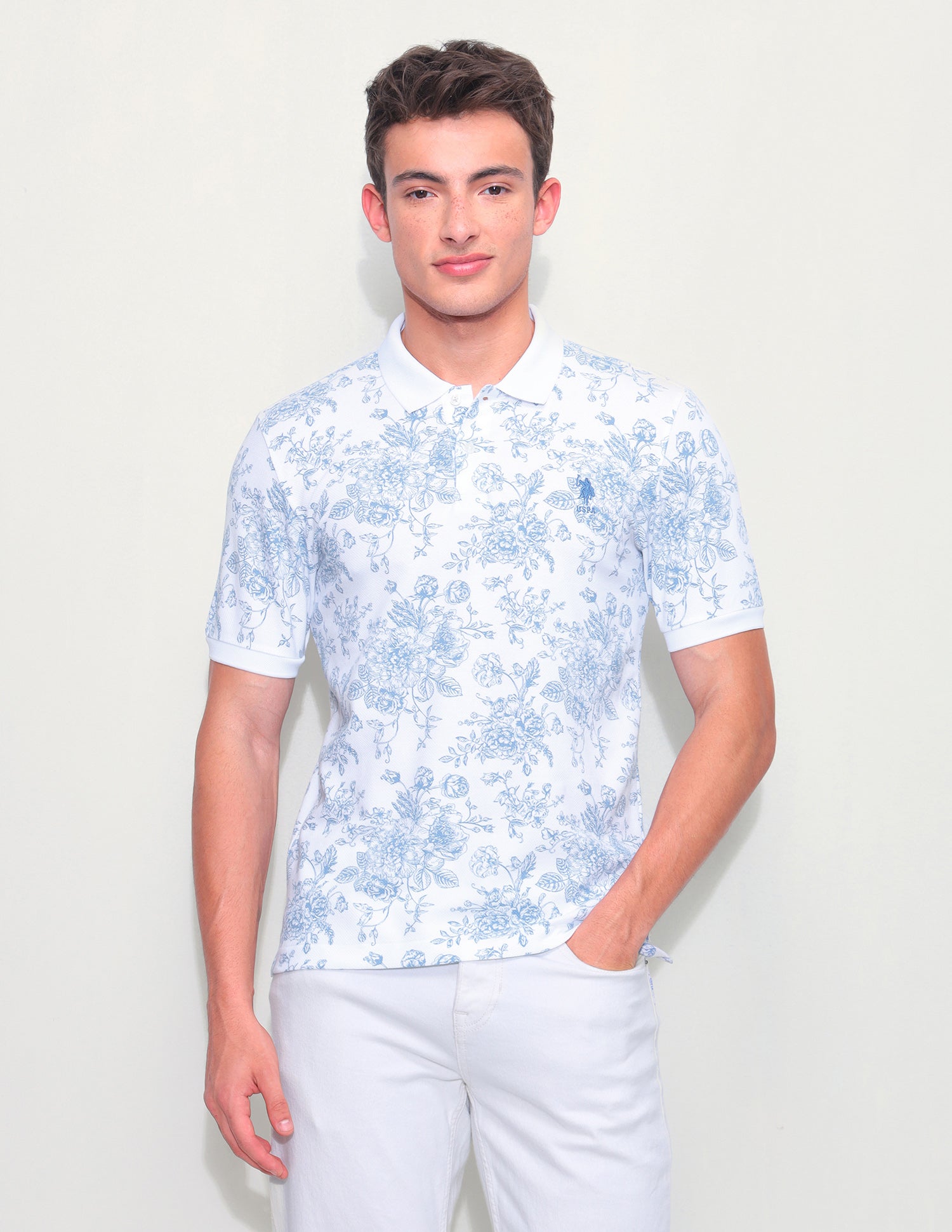 Floral Printed Slim Fit Polo Shirt Blue - U.S. Polo Assn. India | Large