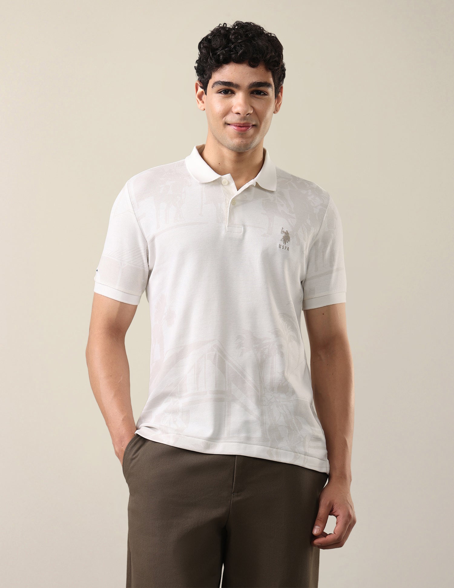 Graphic Printed Slim Fit Polo Shirt Off White - U.S. Polo Assn. India | Large