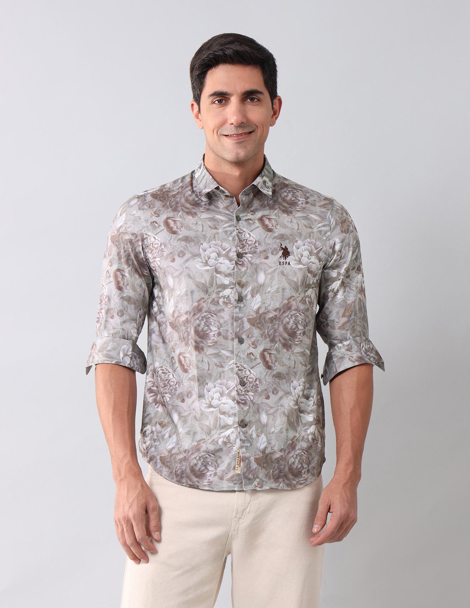Regular Fit Floral Printed Shirt Light Grey - U.S. Polo Assn. India | Large