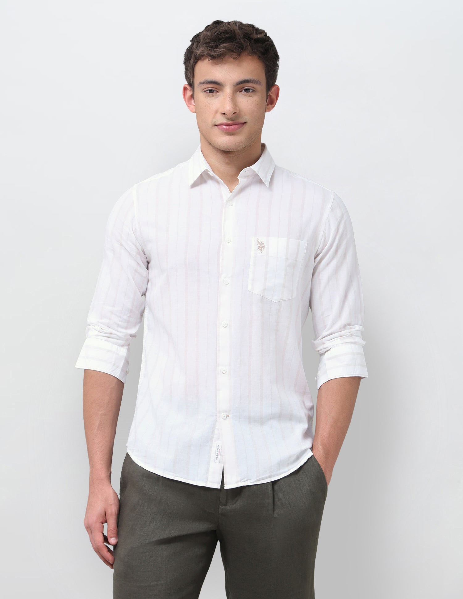 Vertical Striped Regular Fit Shirt Beige - U.S. Polo Assn. India | Large