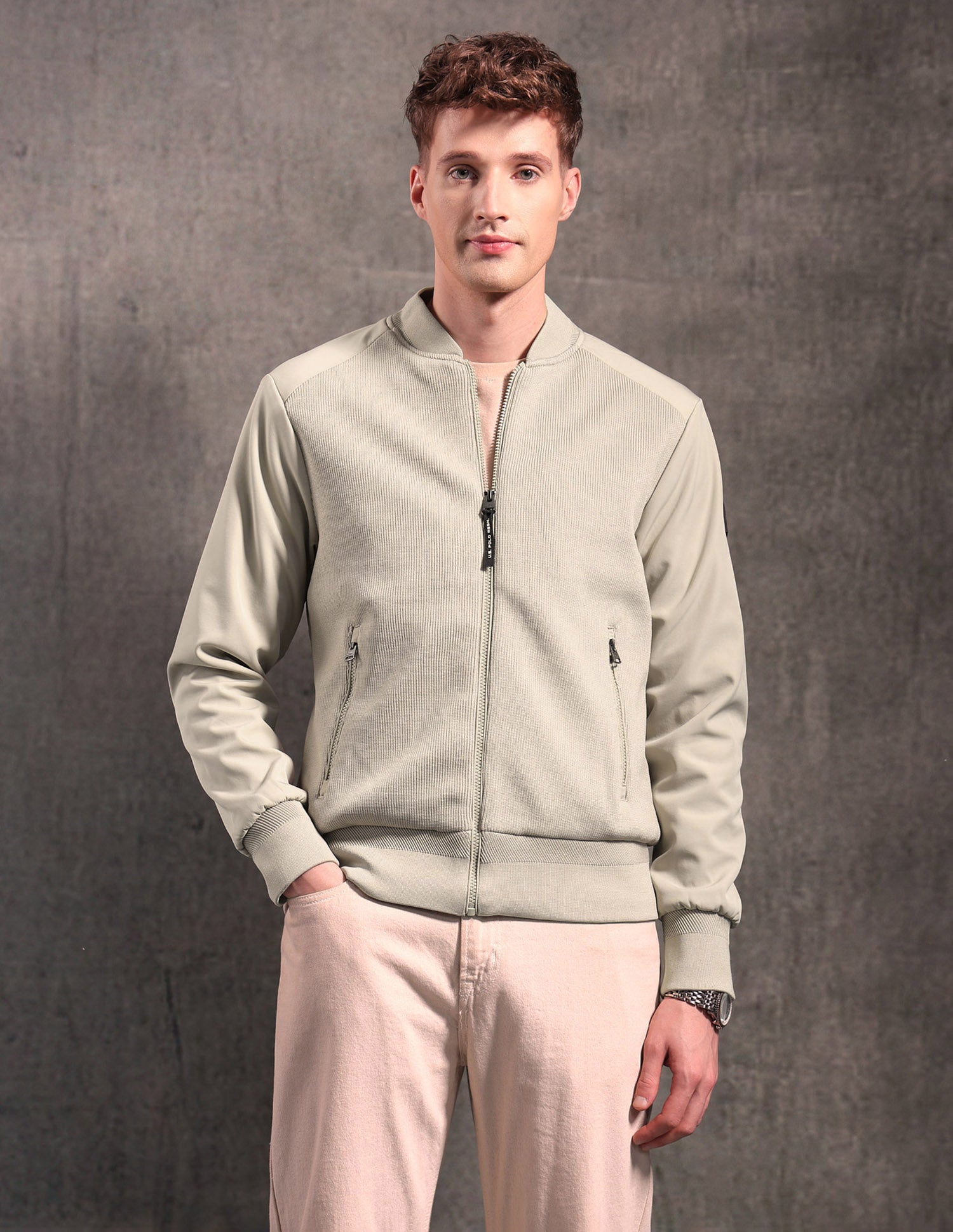 Textured Black & Gold Bomber Jacket Beige - U.S. POLO ASSN. | Large