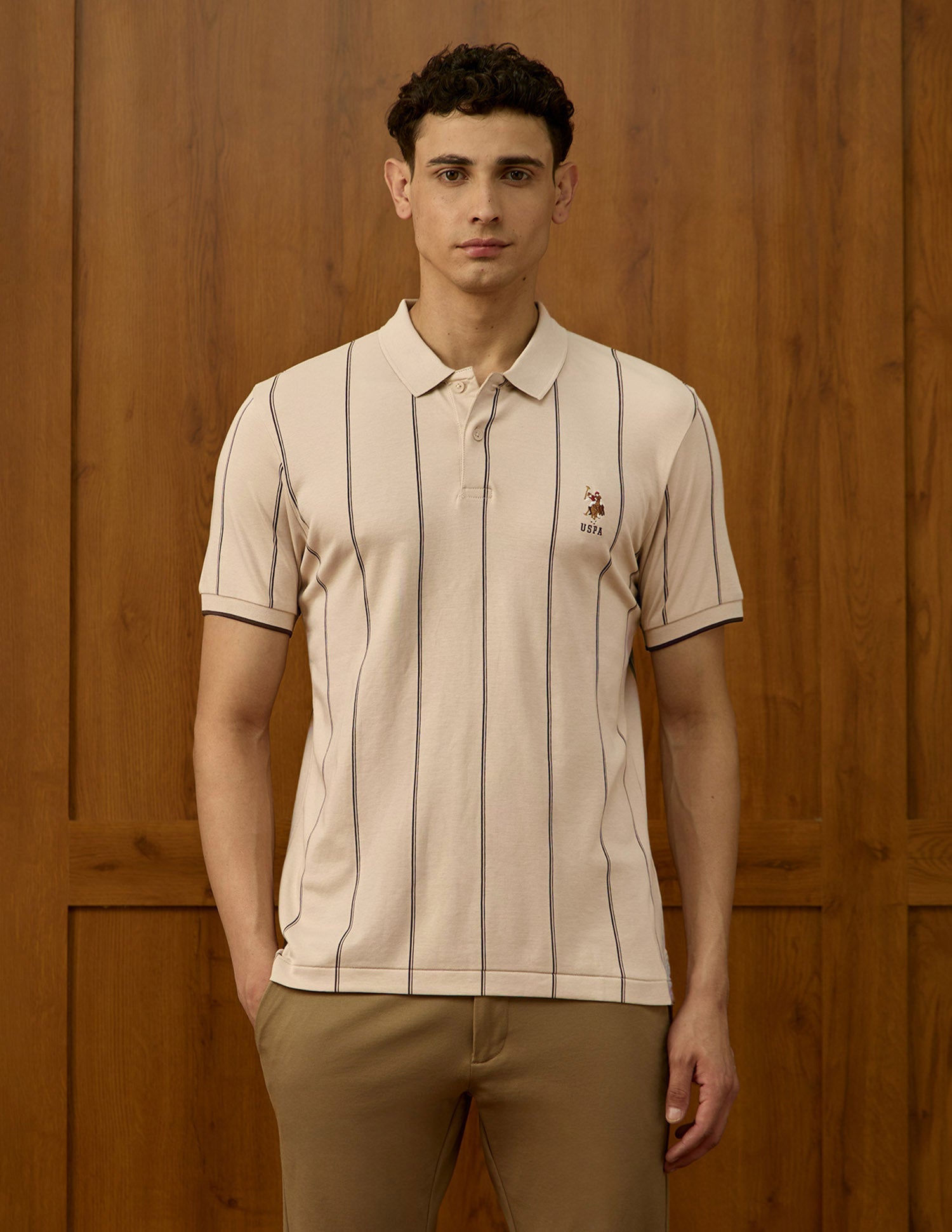 Vertical Striped Slim Fit Polo Shirt Beige - U.S. POLO ASSN. | Large