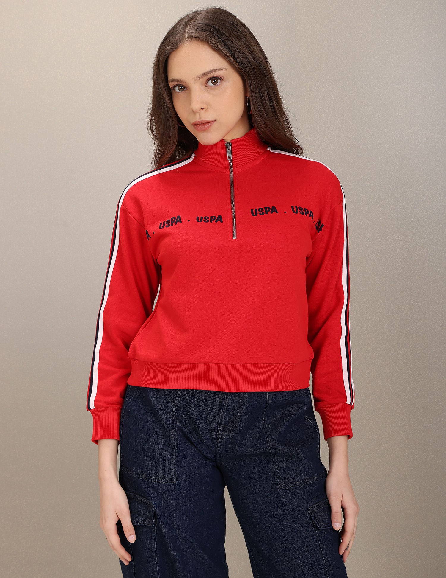 High Neck Striped Sleeve Brand Print Sweatshirt Red - U.S. Polo Assn. India | Large