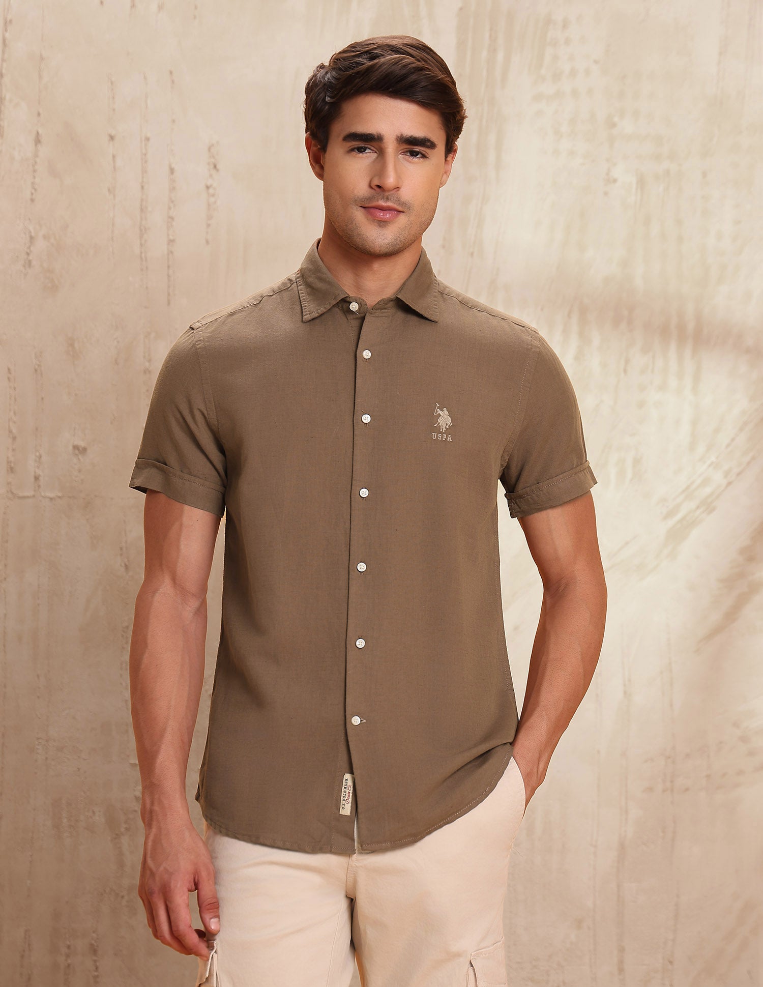 Solid Slim Fit Shirt Khaki - U.S. Polo Assn. India | Large