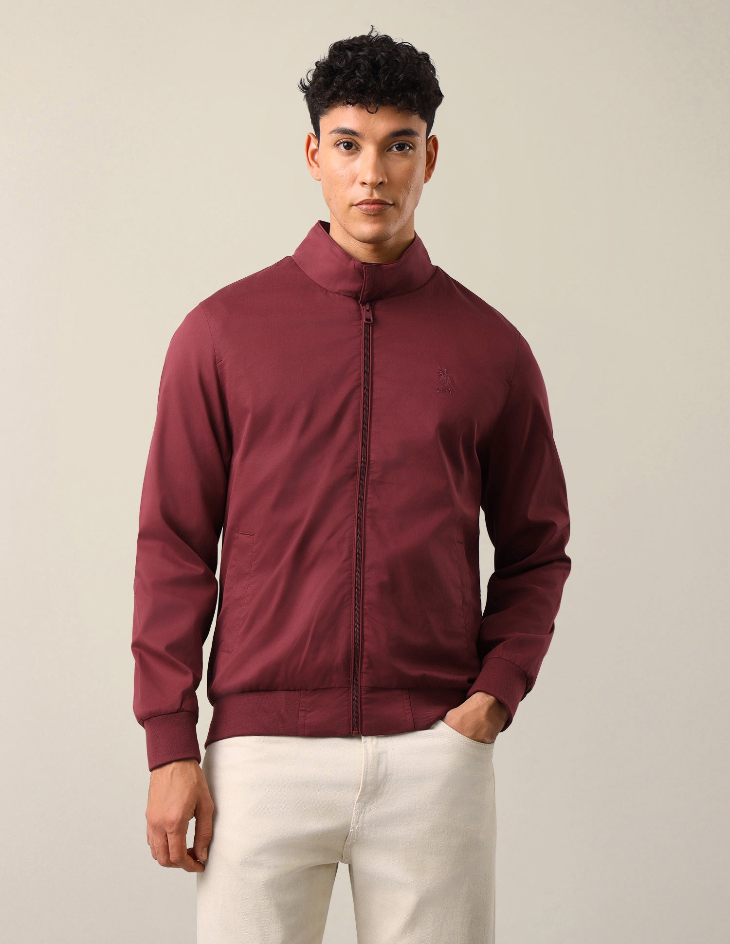 Solid Regular Fit Bomber Jacket Red - U.S. Polo Assn. India | Large