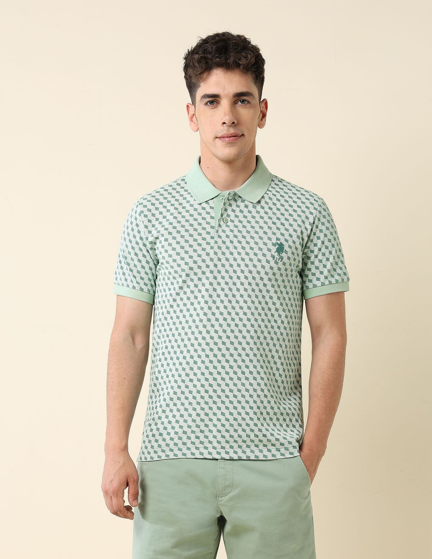 All-Over Printed Slim Fit Polo Shirt Light Green - U.S. Polo Assn. India | Large