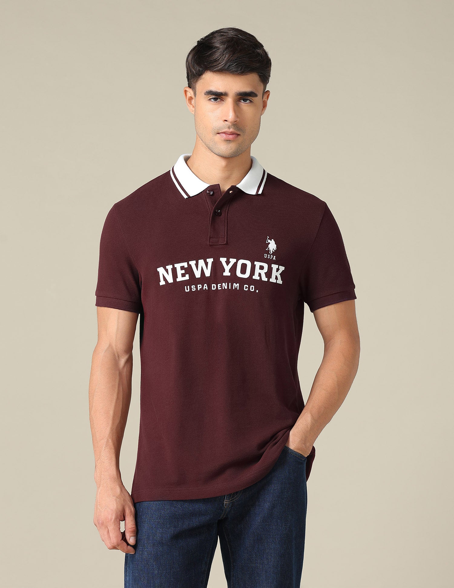 Typographic Printed Muscle Fit Polo Shirt Maroon - U.S. POLO ASSN. | Large