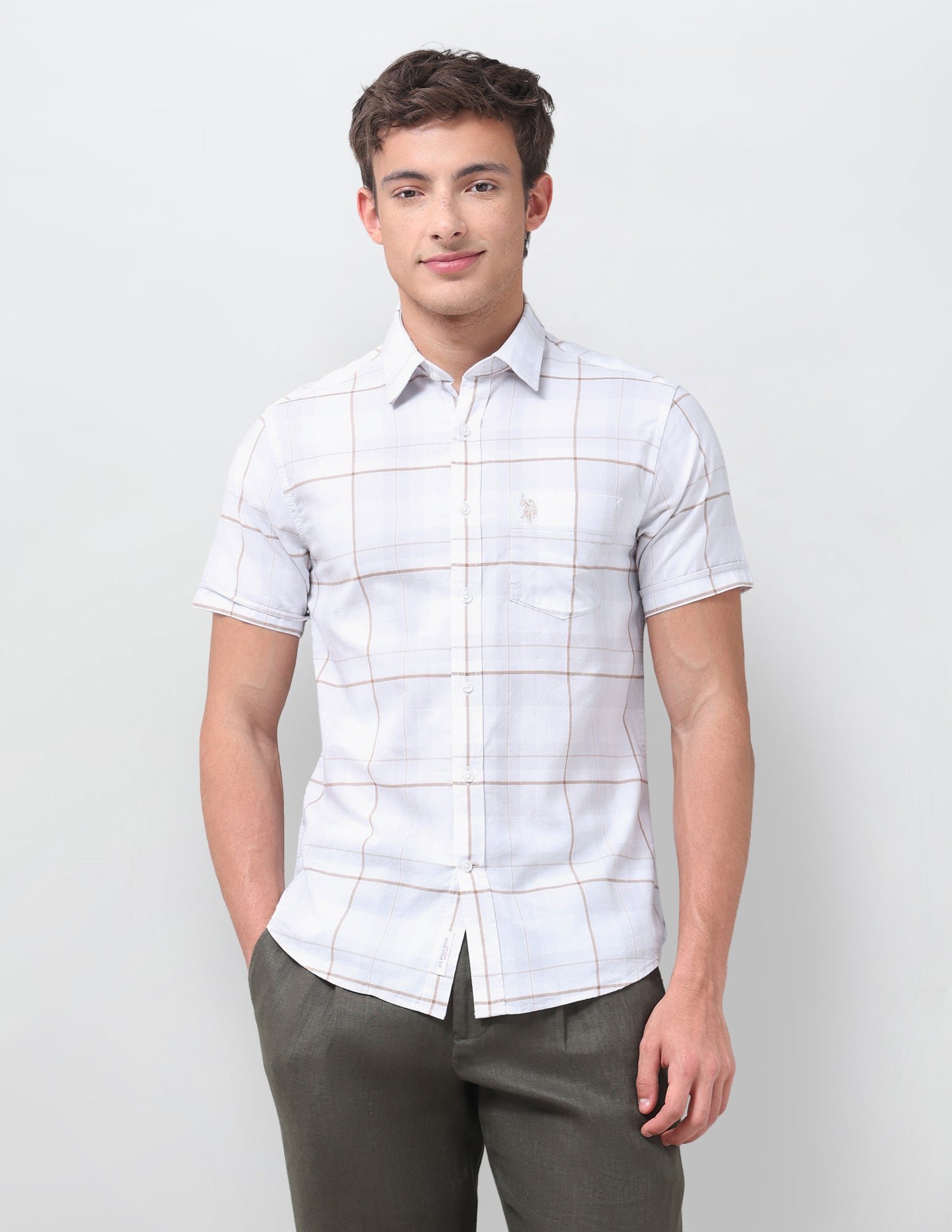 Windowpane Checked Regular Fit Shirt Light Khaki - U.S. Polo Assn. India | Large