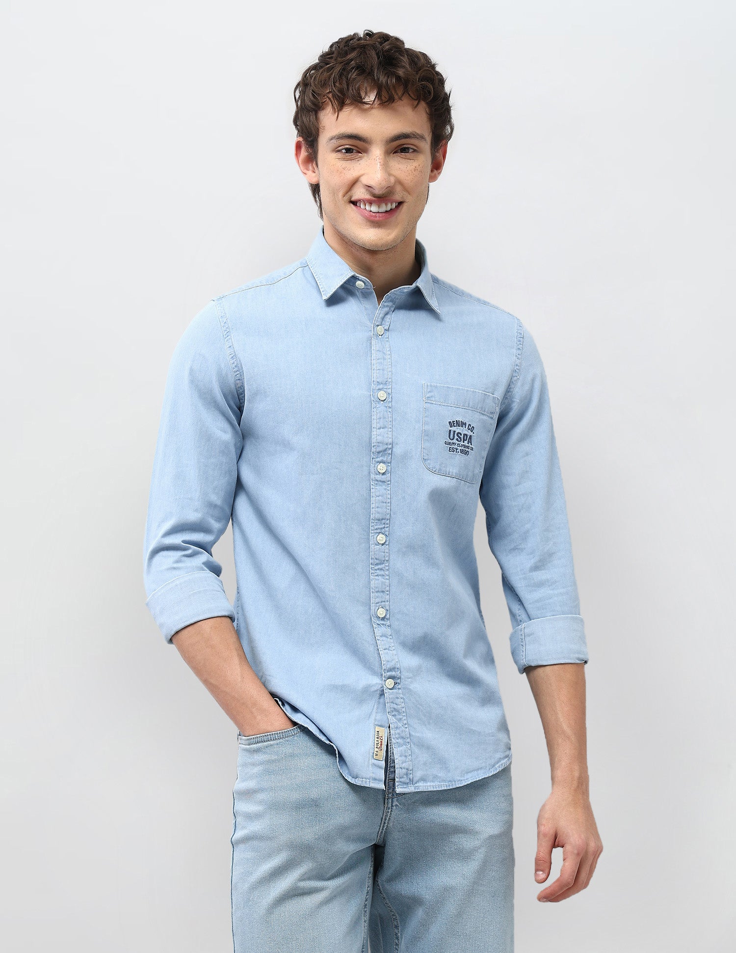 Motel On The Coast Solid Regular Fit Shirt Light Indigo - U.S. Polo Assn. India | Large