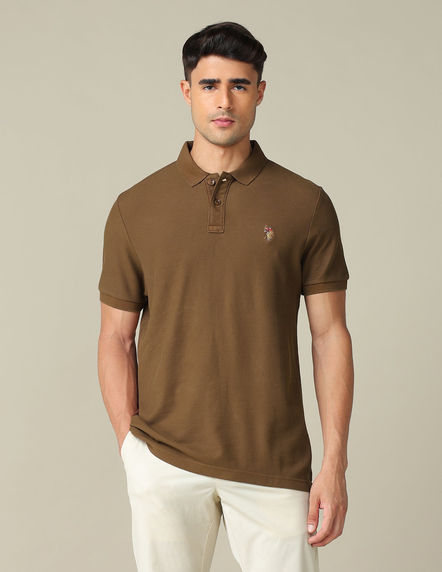 Pure Cotton Muscle Fit Polo Shirt Light Brown - U.S. POLO ASSN. | Large