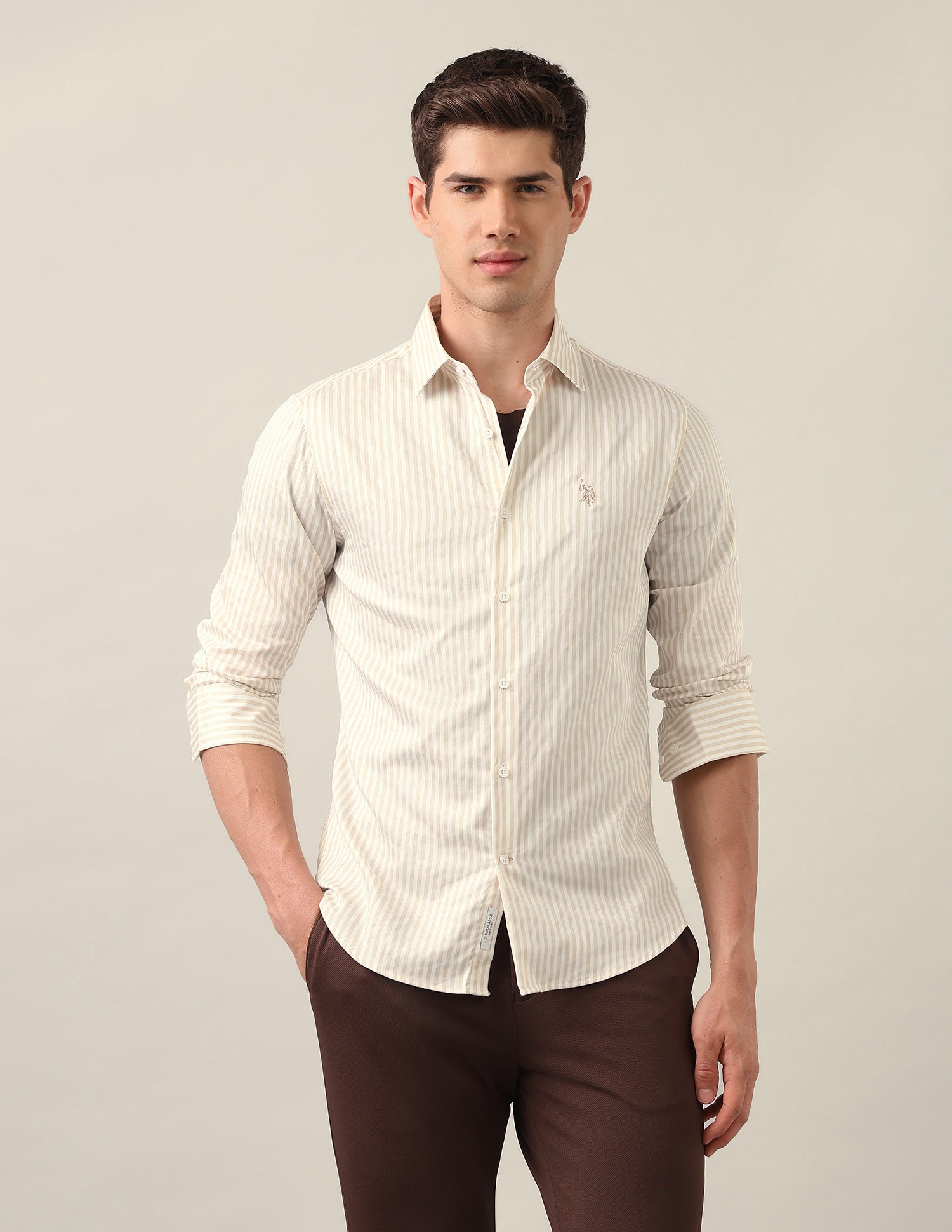 Vertical Striped Satin Shirt Beige - U.S. Polo Assn. India | Large